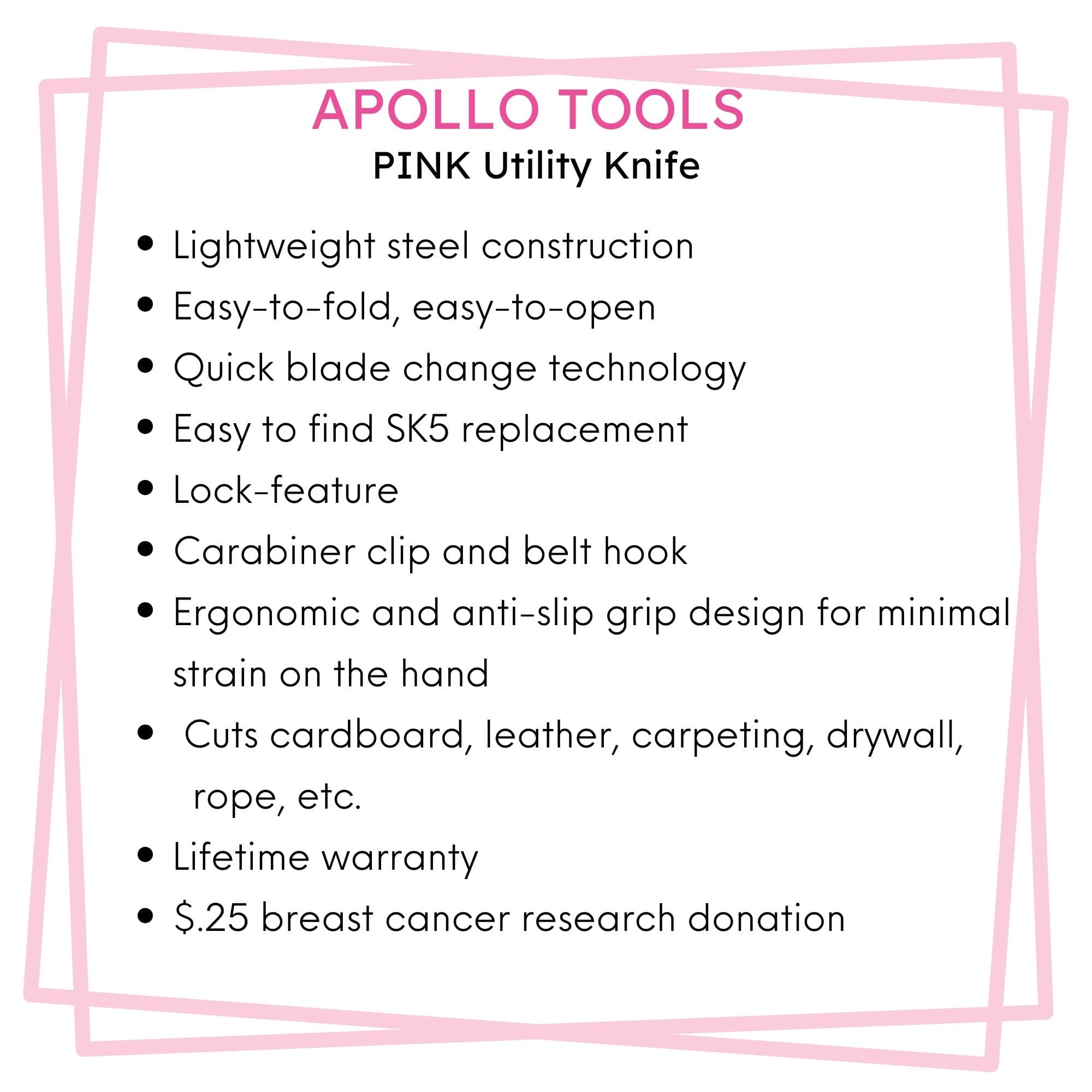 Apollo Tools Ergonomic Stainless Steel, Lightweight, Foldable Pink Utility Knife with Carabiner Clip and Fast-Change Blade - DT5017P SpadezStore