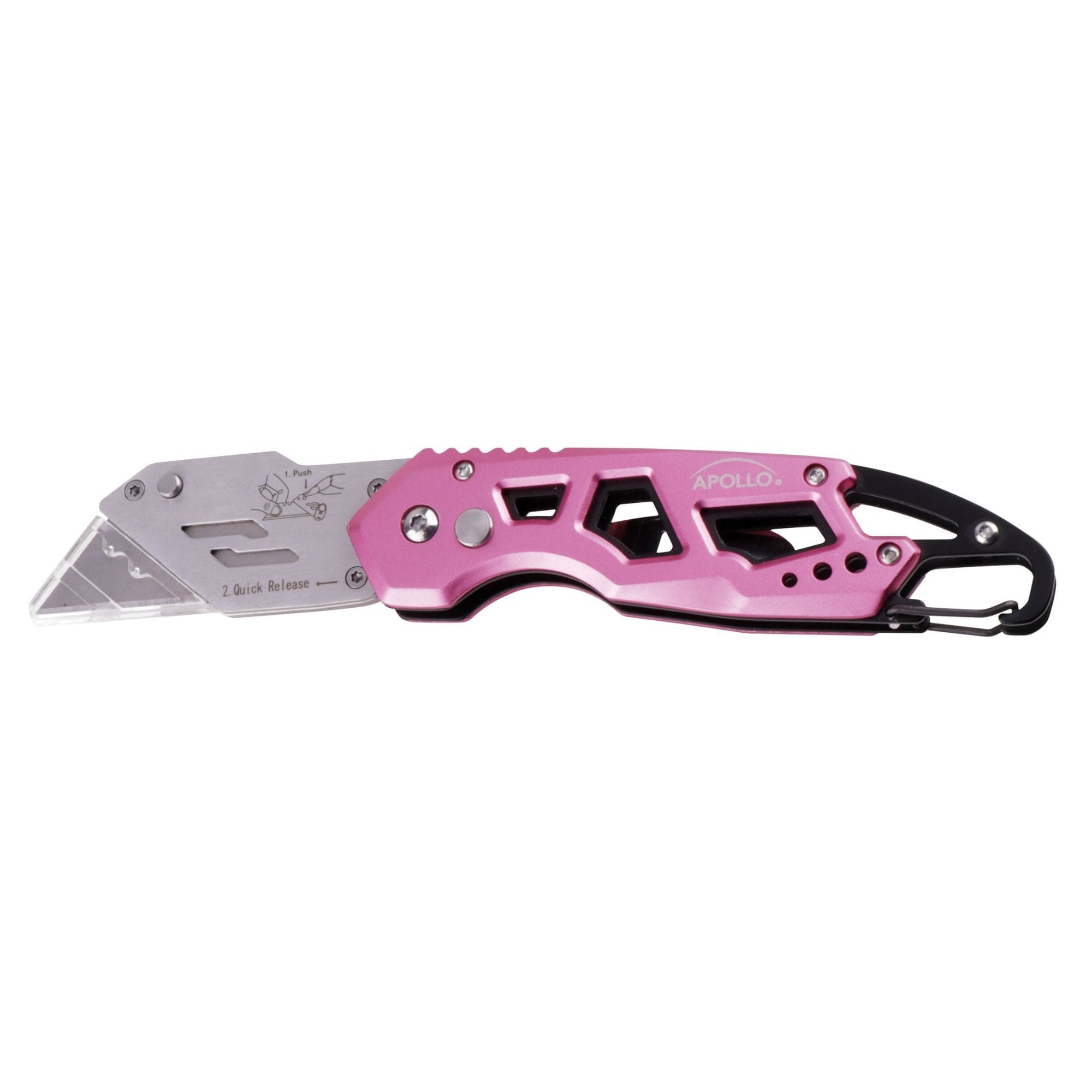 Apollo Tools Ergonomic Stainless Steel, Lightweight, Foldable Pink Utility Knife with Carabiner Clip and Fast-Change Blade - DT5017P SpadezStore