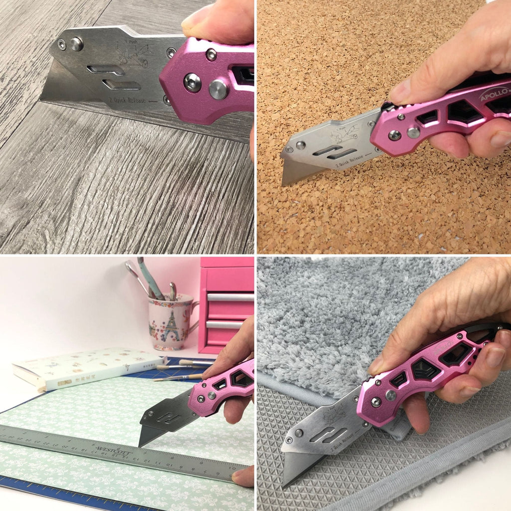 Apollo Tools Ergonomic Stainless Steel, Lightweight, Foldable Pink Utility Knife with Carabiner Clip and Fast-Change Blade - DT5017P SpadezStore