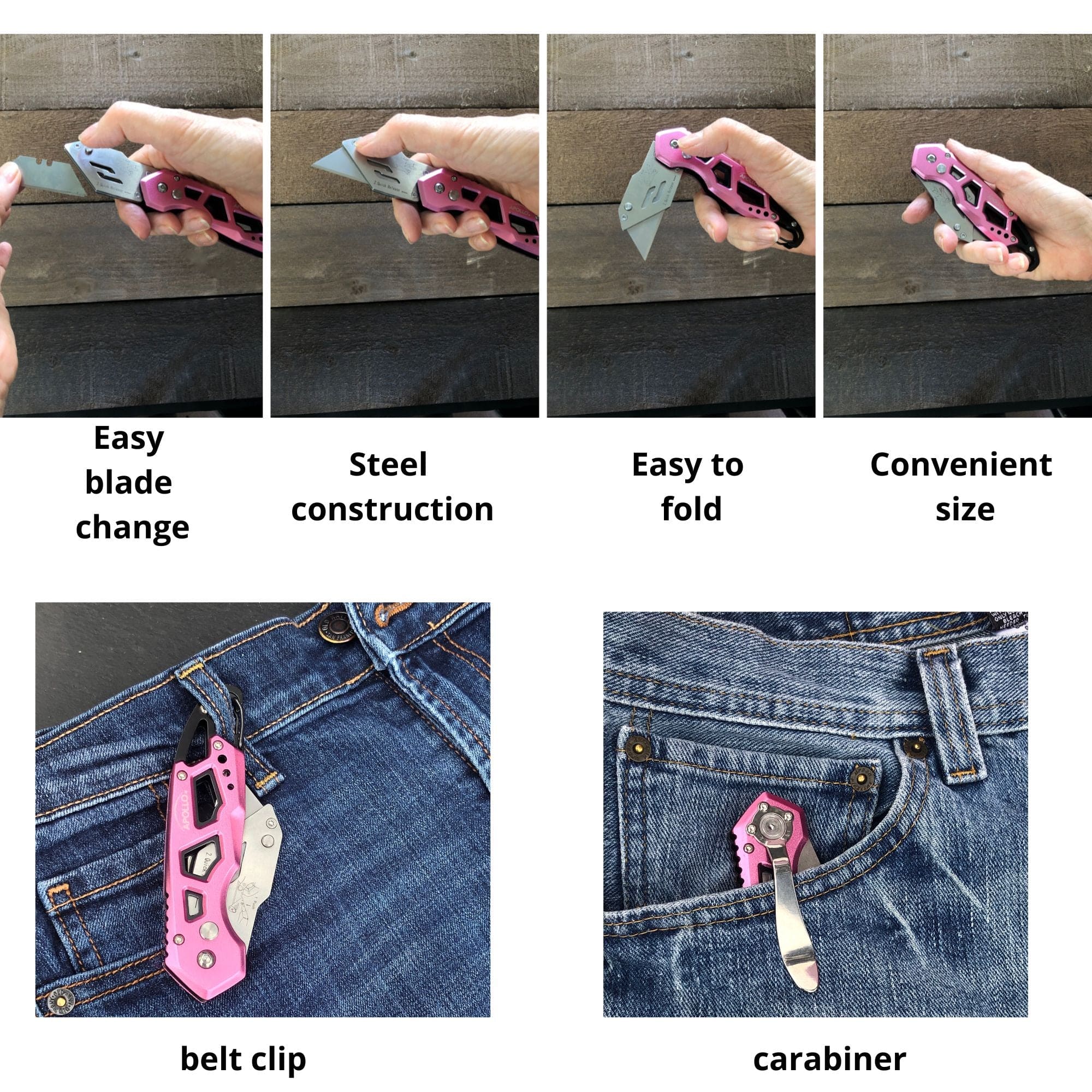 Apollo Tools Ergonomic Stainless Steel, Lightweight, Foldable Pink Utility Knife with Carabiner Clip and Fast-Change Blade - DT5017P SpadezStore