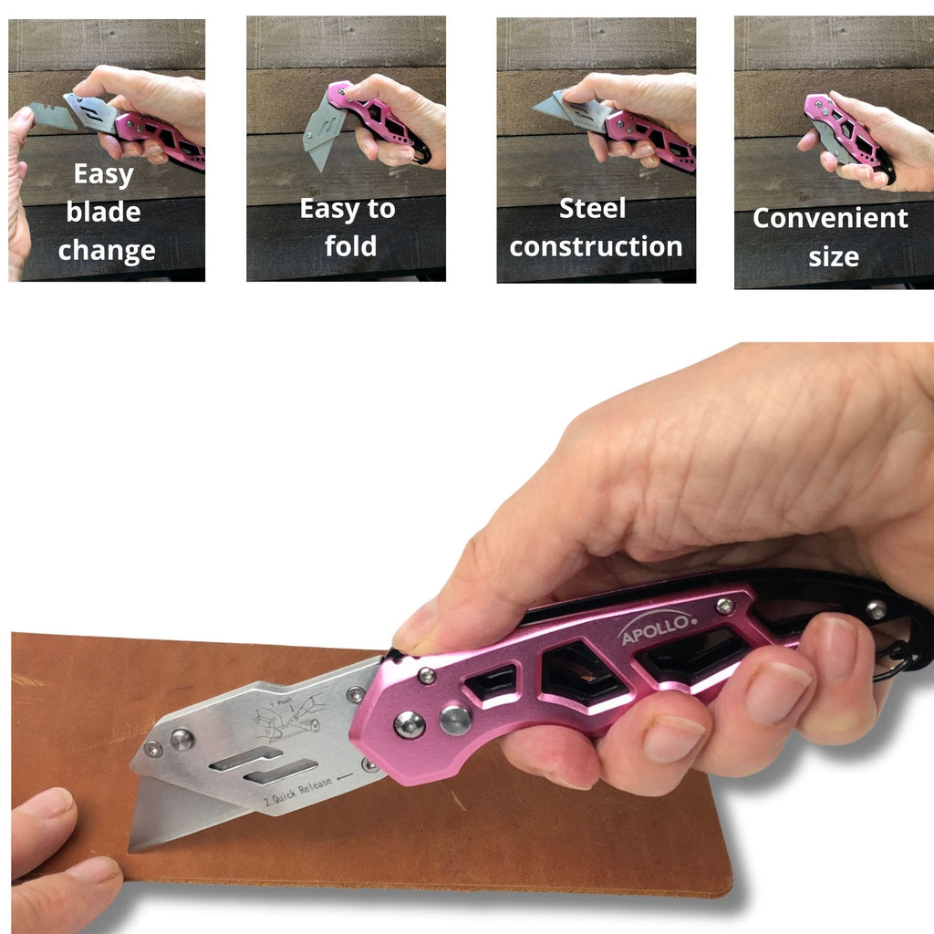 Apollo Tools Ergonomic Stainless Steel, Lightweight, Foldable Pink Utility Knife with Carabiner Clip and Fast-Change Blade - DT5017P SpadezStore