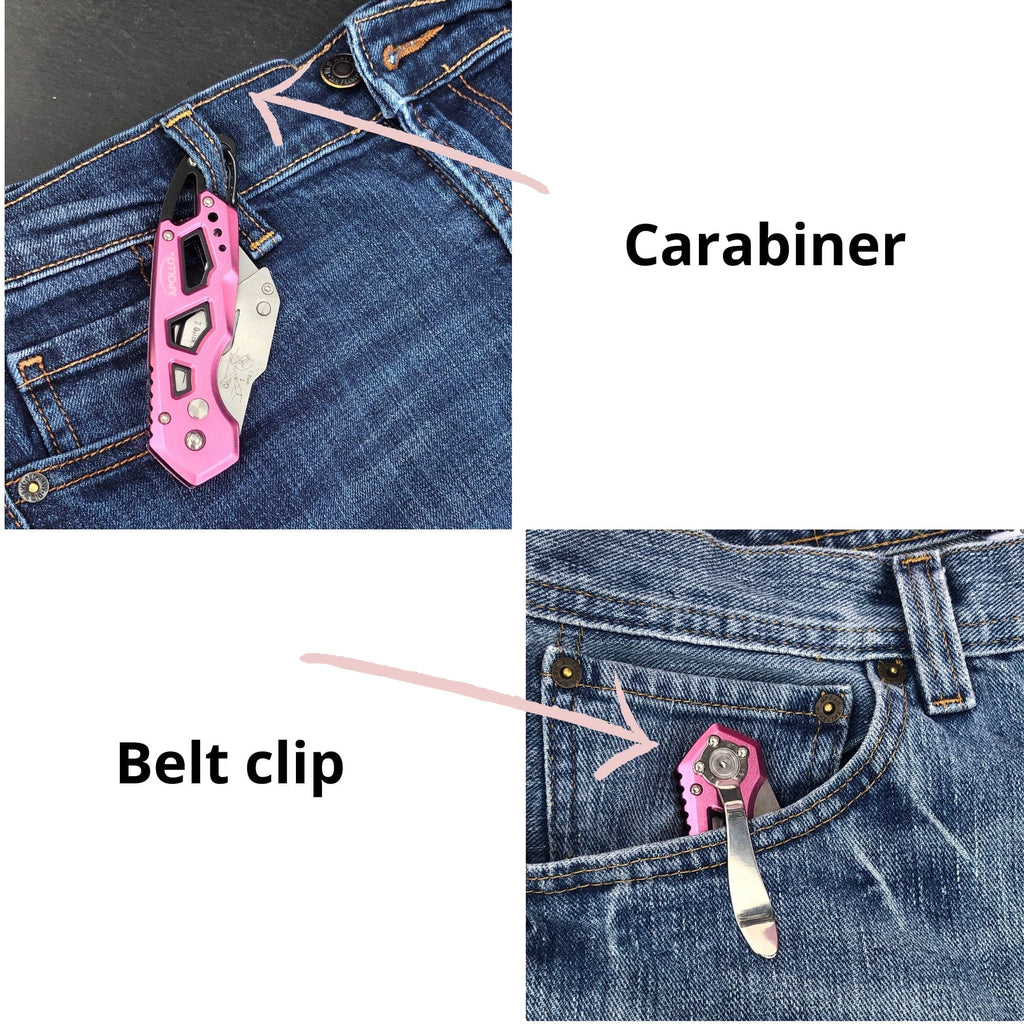 Apollo Tools Ergonomic Stainless Steel, Lightweight, Foldable Pink Utility Knife with Carabiner Clip and Fast-Change Blade - DT5017P SpadezStore