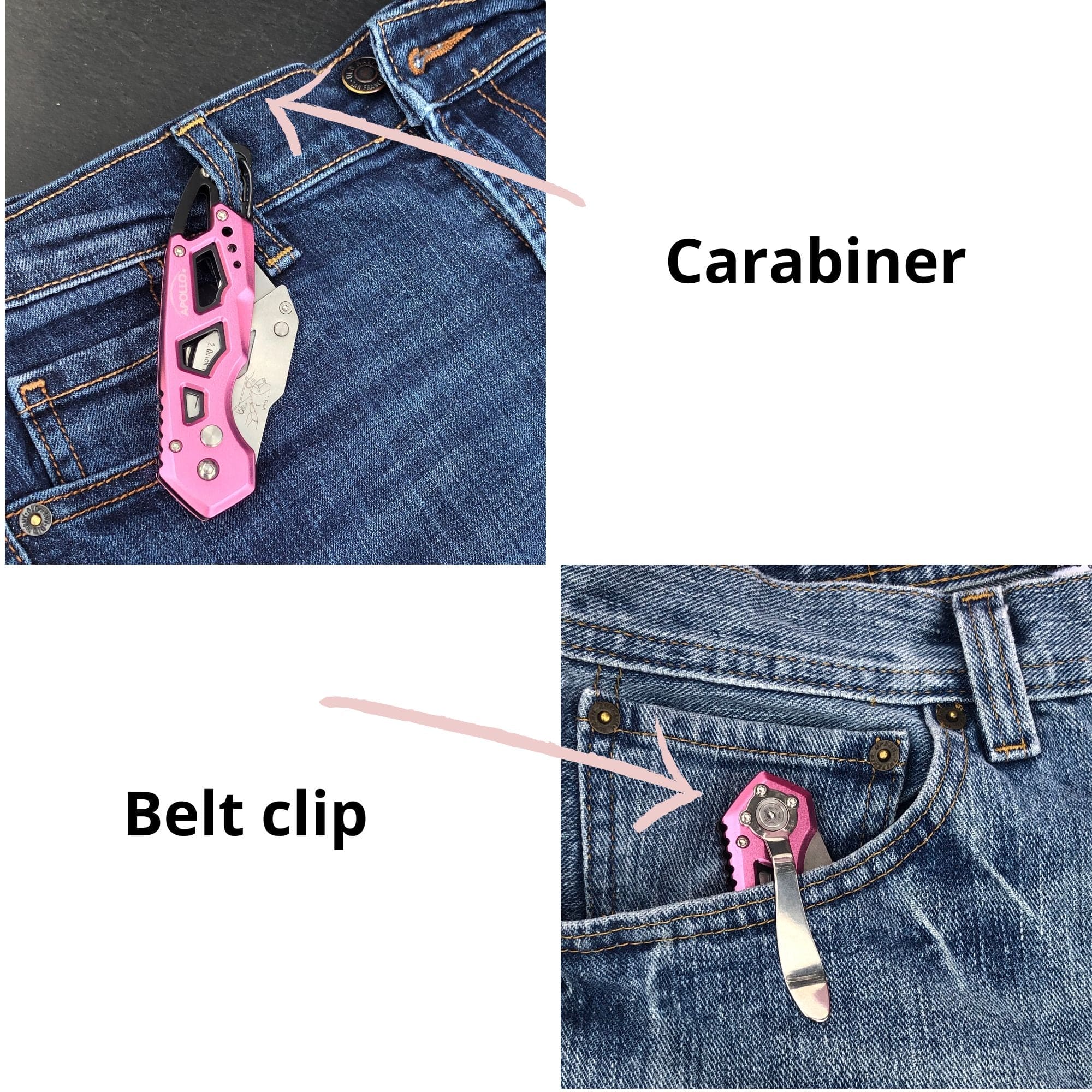 Apollo Tools Ergonomic Stainless Steel, Lightweight, Foldable Pink Utility Knife with Carabiner Clip and Fast-Change Blade - DT5017P SpadezStore