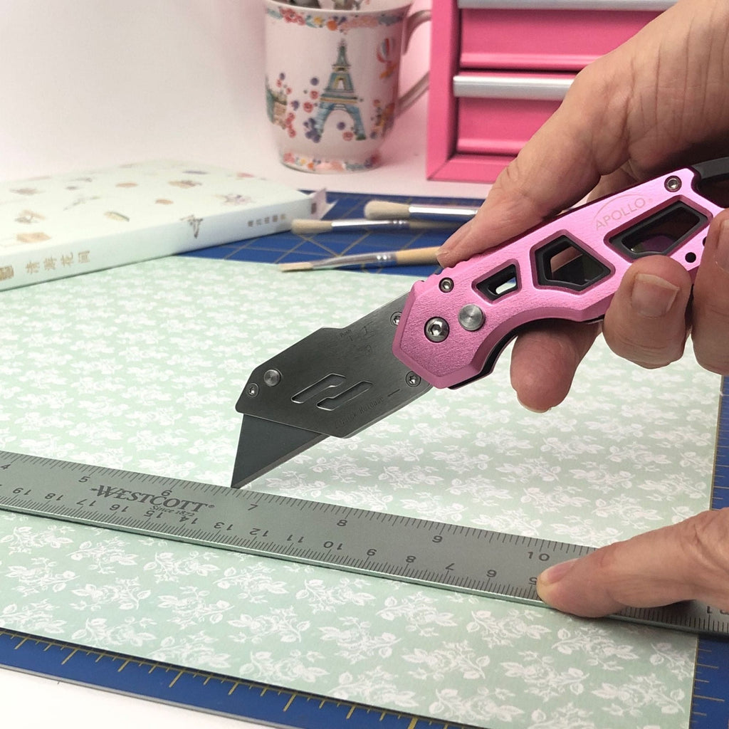 Apollo Tools Ergonomic Stainless Steel, Lightweight, Foldable Pink Utility Knife with Carabiner Clip and Fast-Change Blade - DT5017P SpadezStore