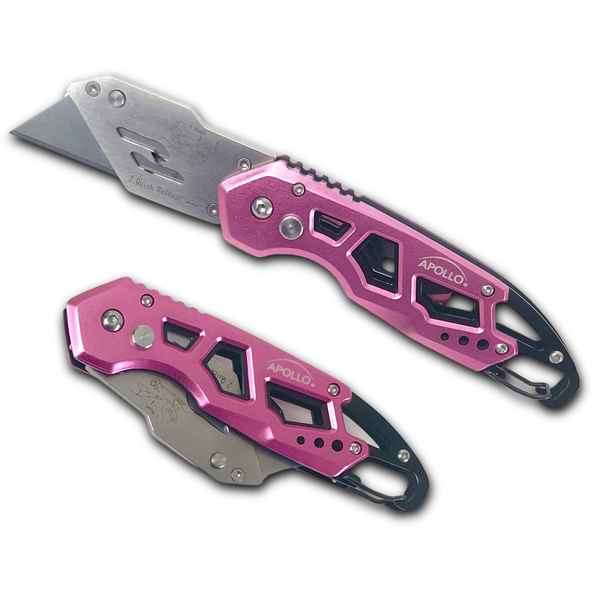 Apollo Tools Ergonomic Stainless Steel, Lightweight, Foldable Pink Utility Knife with Carabiner Clip and Fast-Change Blade - DT5017P SpadezStore