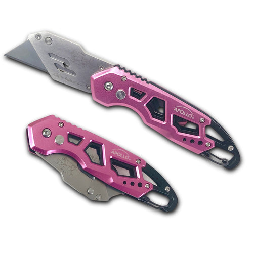 Apollo Tools Ergonomic Stainless Steel, Lightweight, Foldable Pink Utility Knife with Carabiner Clip and Fast-Change Blade - DT5017P SpadezStore