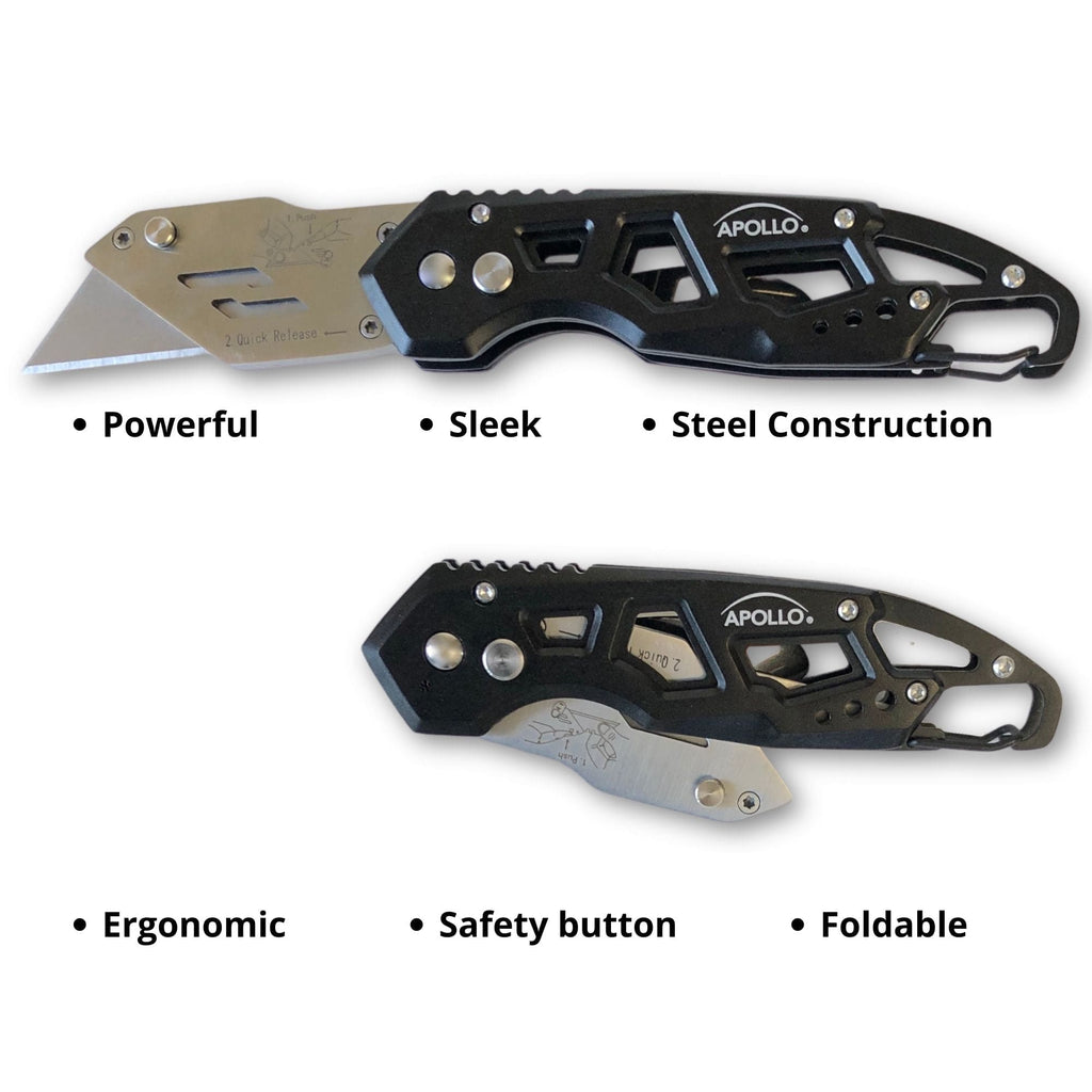 Apollo Tools Ergonomic Stainless Steel, Lightweight, Foldable Black Utility Knife with Carabiner Clip and Fast-Change Blade - DT5017 SpadezStore