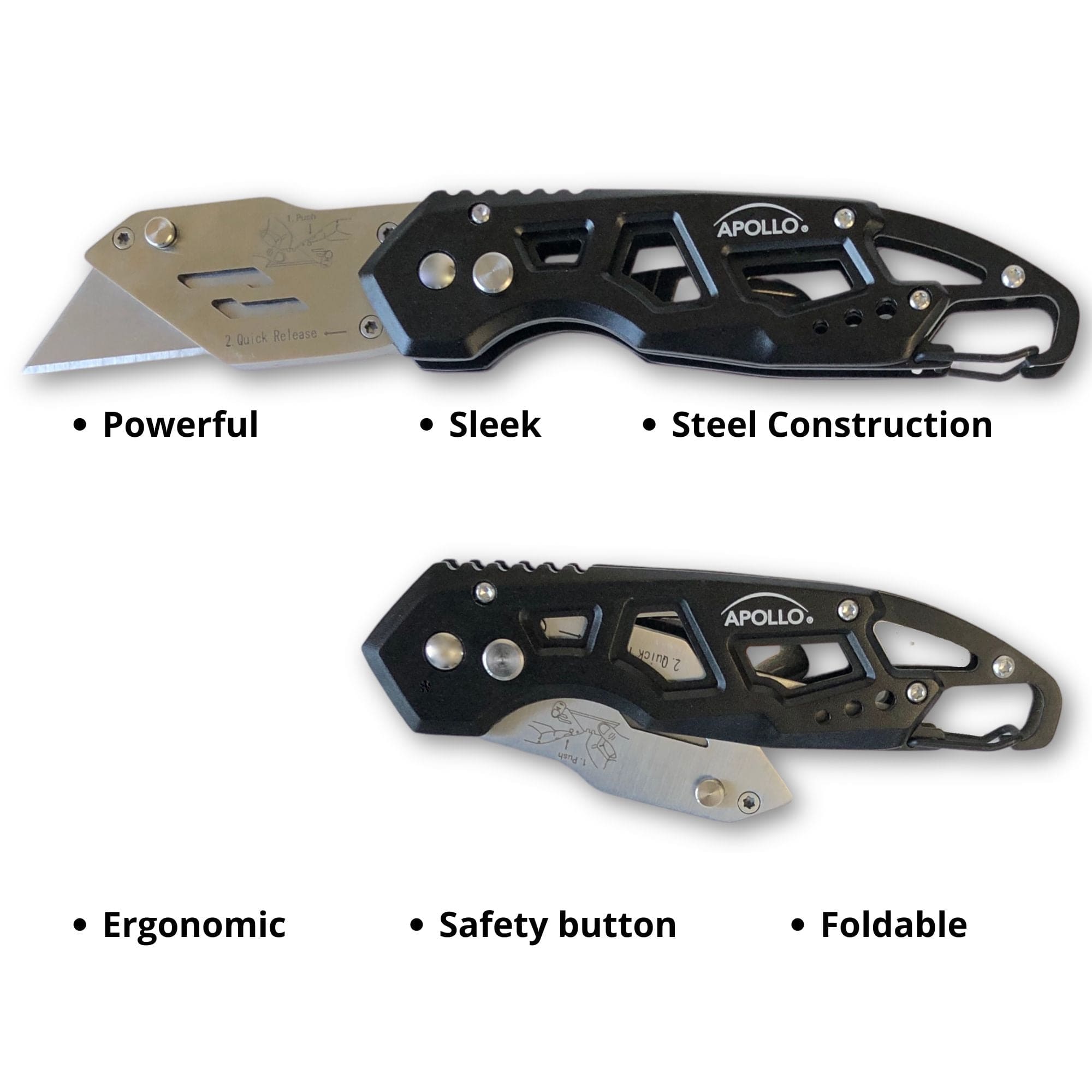 Apollo Tools Ergonomic Stainless Steel, Lightweight, Foldable Black Utility Knife with Carabiner Clip and Fast-Change Blade - DT5017 SpadezStore