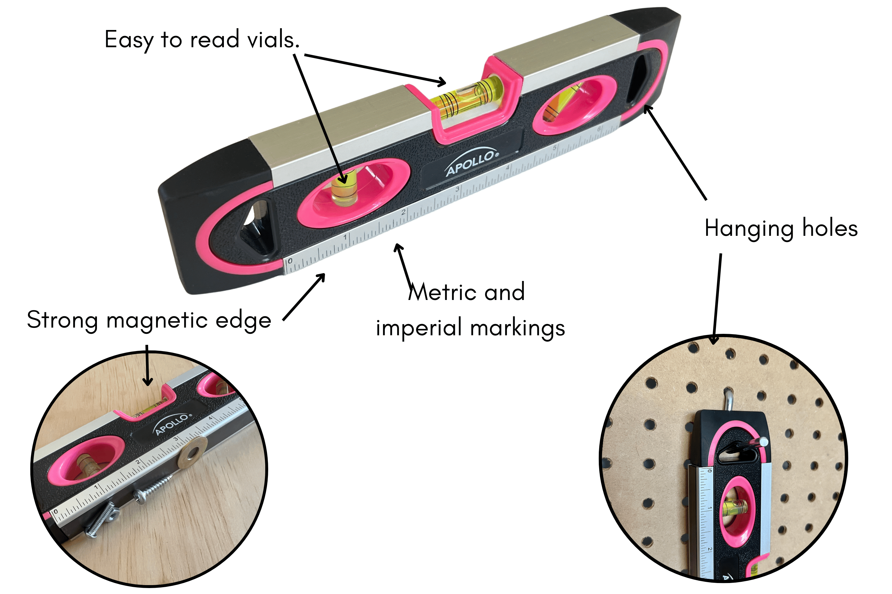 Apollo Tools PINK 9-inch torpedo-shaped spirit level for 180/90/45 degrees leveling- DT5019P SpadezStore