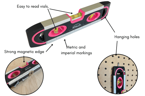 Apollo Tools PINK 9-inch torpedo-shaped spirit level for 180/90/45 degrees leveling- DT5019P SpadezStore