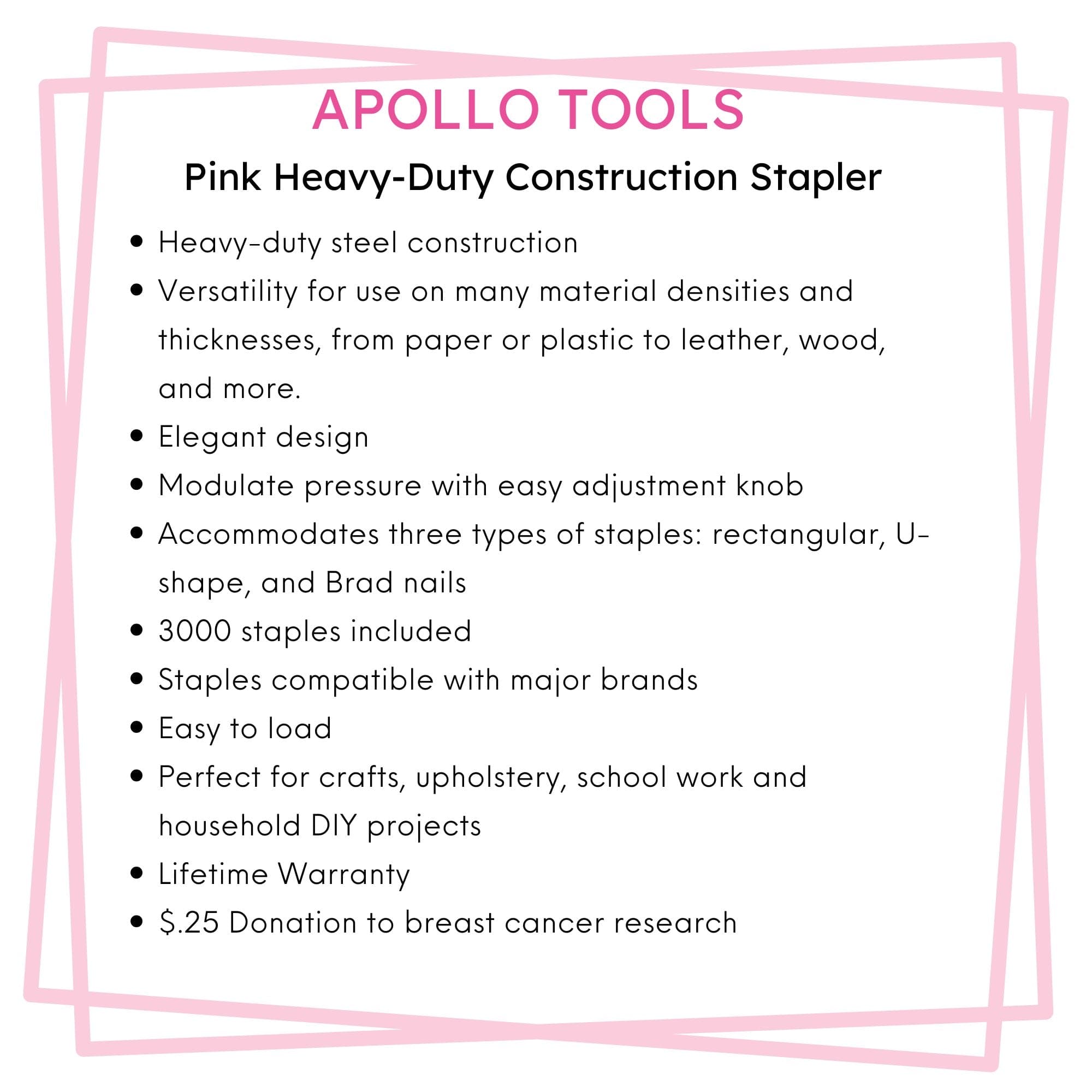 Apollo Tools Pink Stapler with Power Adjustment Knob and 3000 Staples assortment- DT5020P SpadezStore