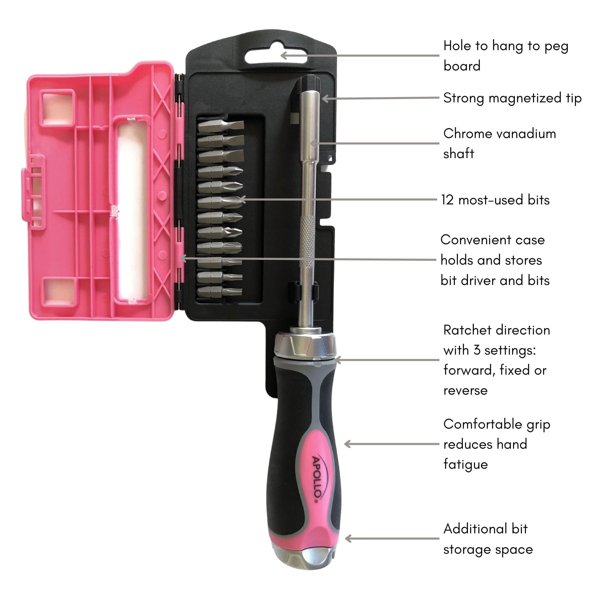 Apollo Tools 13-in-1 Ratcheting Screwdriver with Bit Set – Pink - DT5021P SpadezStore