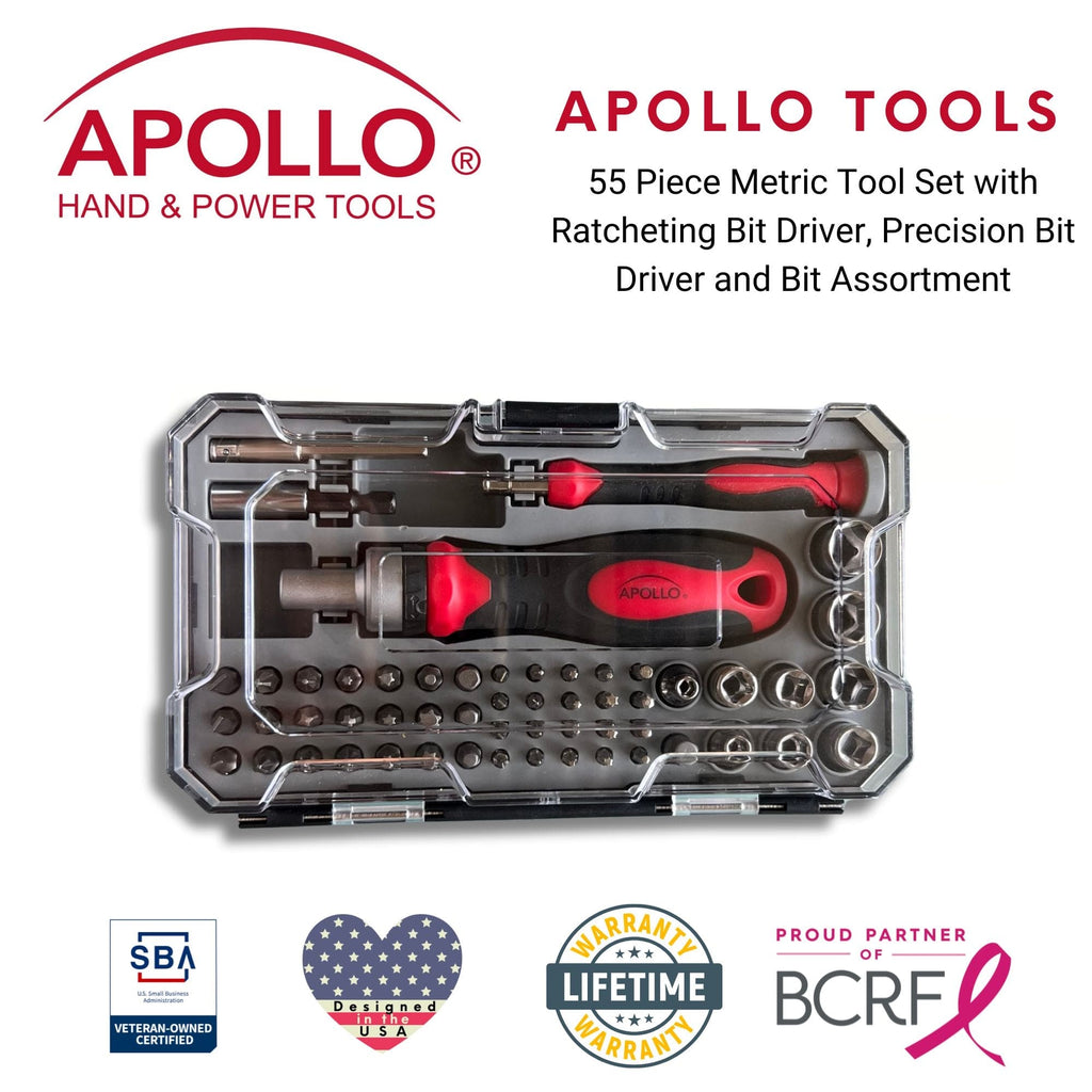 Apollo Tools 55 Piece Metric Tool Set with Ratcheting Bit Driver, Precision Bit Driver and Bit Assortment - DT5024 SpadezStore