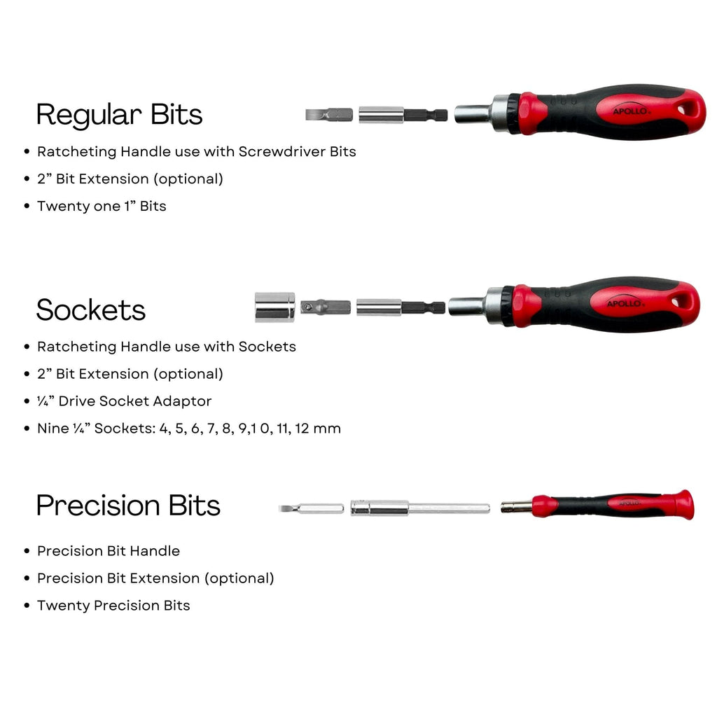 Apollo Tools 55 Piece Metric Tool Set with Ratcheting Bit Driver, Precision Bit Driver and Bit Assortment - DT5024 SpadezStore