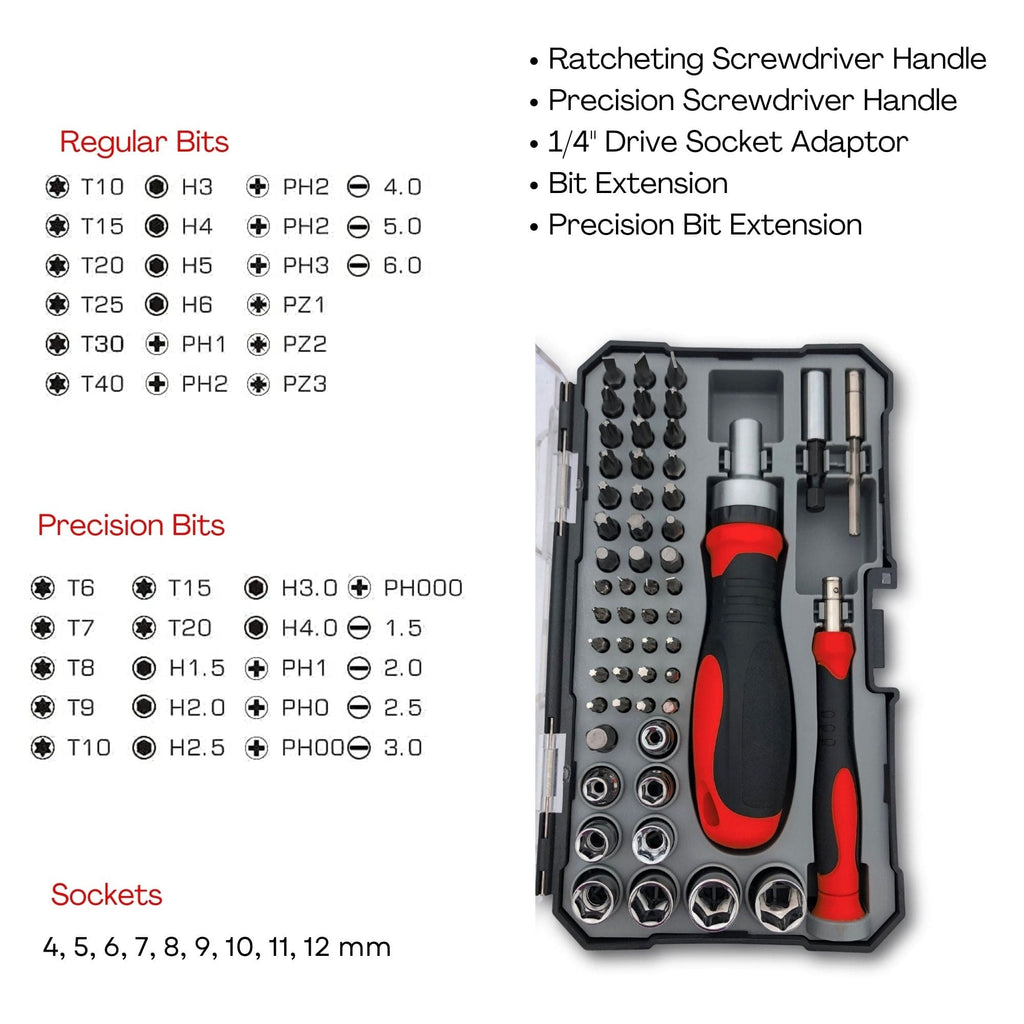 Apollo Tools 55 Piece Metric Tool Set with Ratcheting Bit Driver, Precision Bit Driver and Bit Assortment - DT5024 SpadezStore