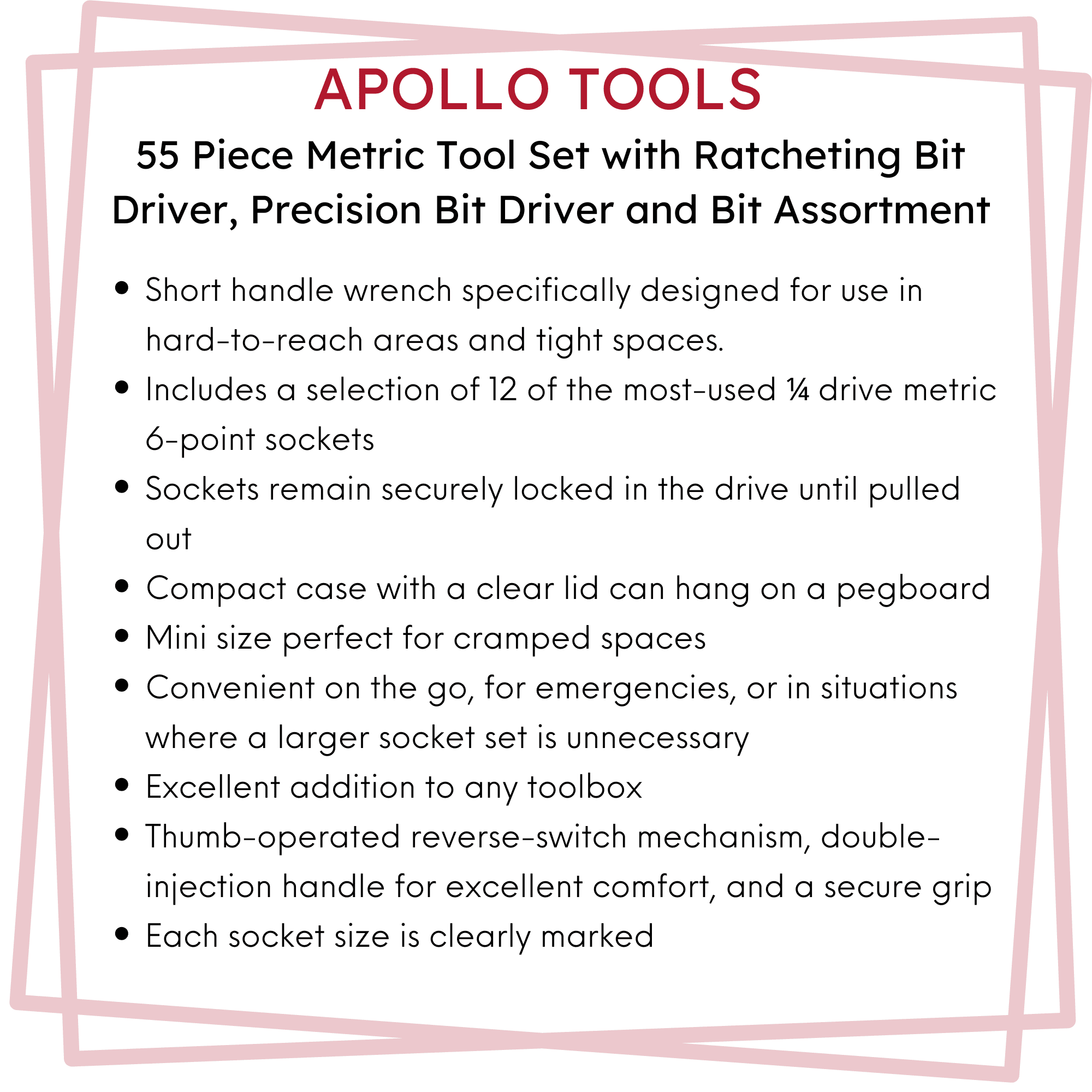 Apollo Tools 55 Piece Metric Tool Set with Ratcheting Bit Driver, Precision Bit Driver and Bit Assortment - DT5024 SpadezStore
