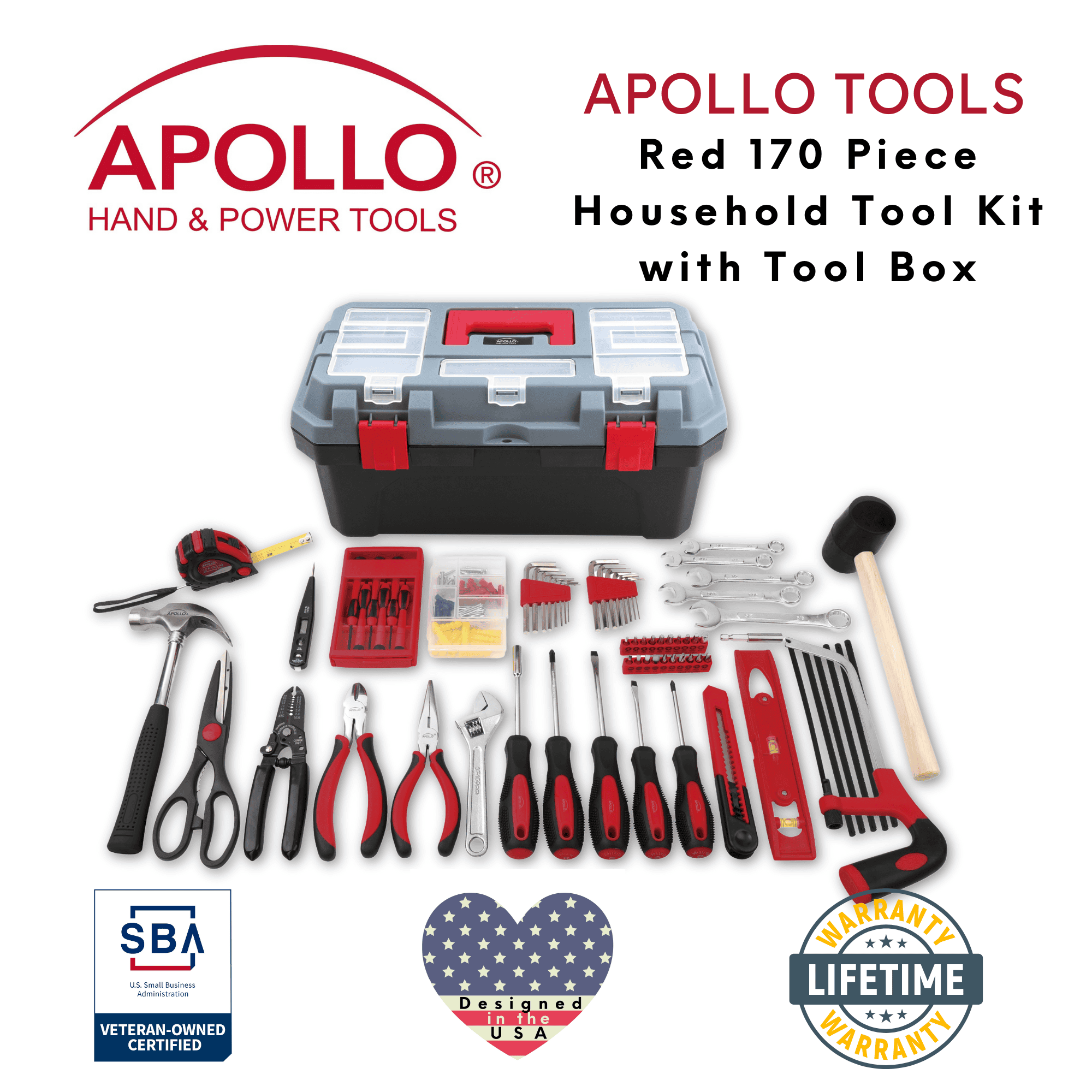 Apollo Tools Red 170 Piece Household Tool Kit with New and Improved Tool Box - DT7103 SpadezStore