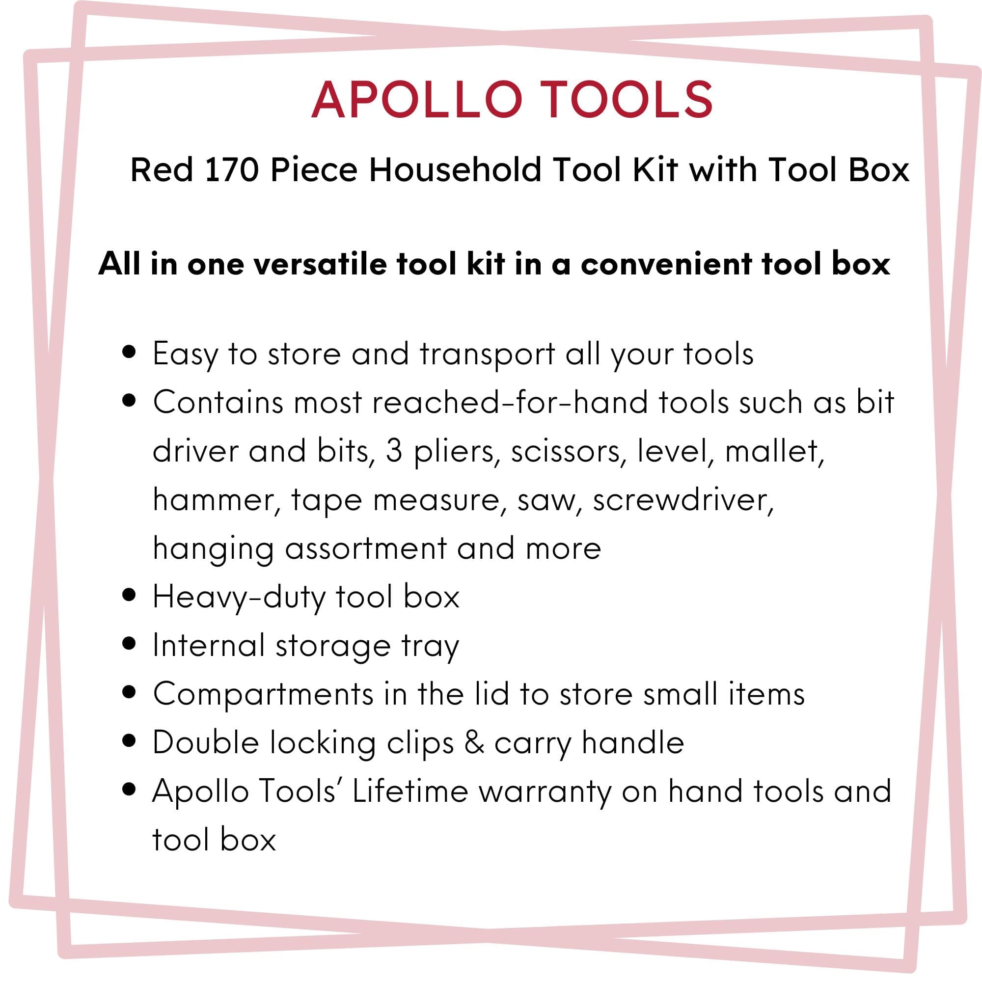 Apollo Tools Red 170 Piece Household Tool Kit with New and Improved Tool Box - DT7103 SpadezStore