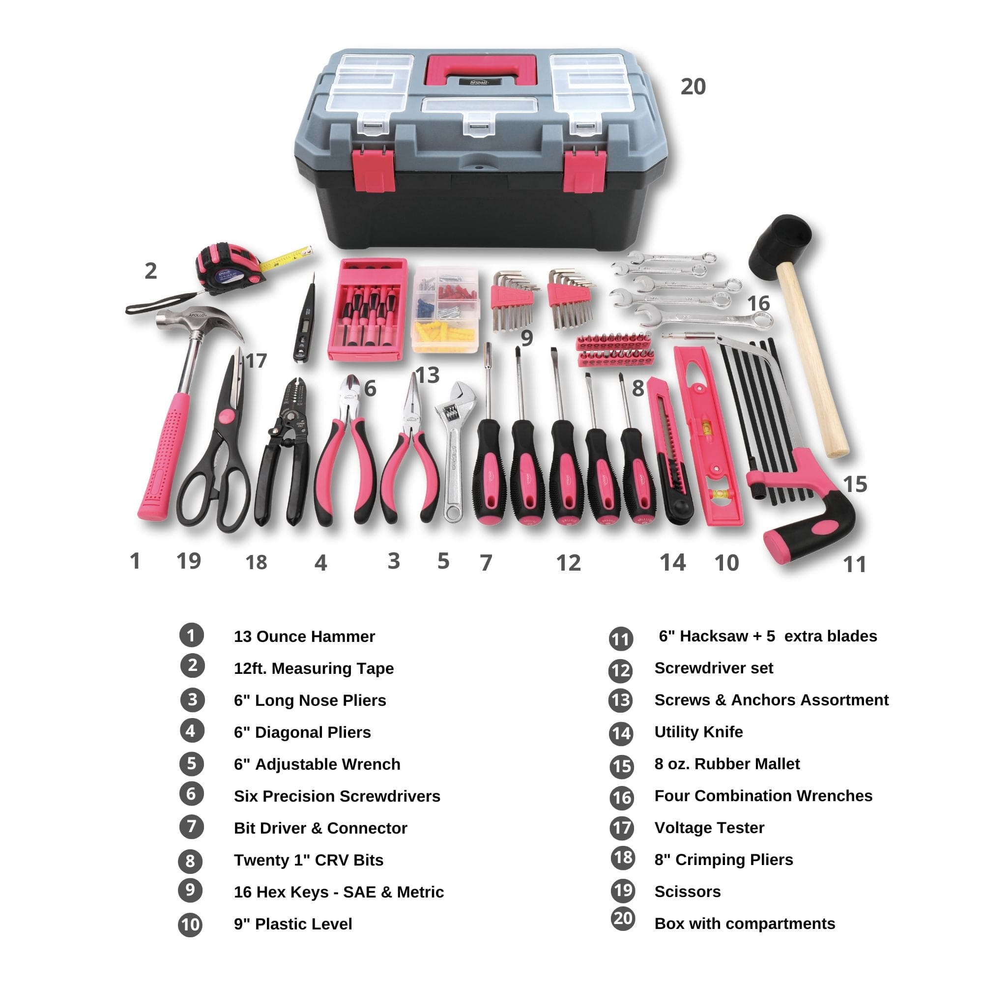 Apollo Tools Pink 170 Piece Household Tool Kit with New and Improved Tool Box - DT7103P SpadezStore