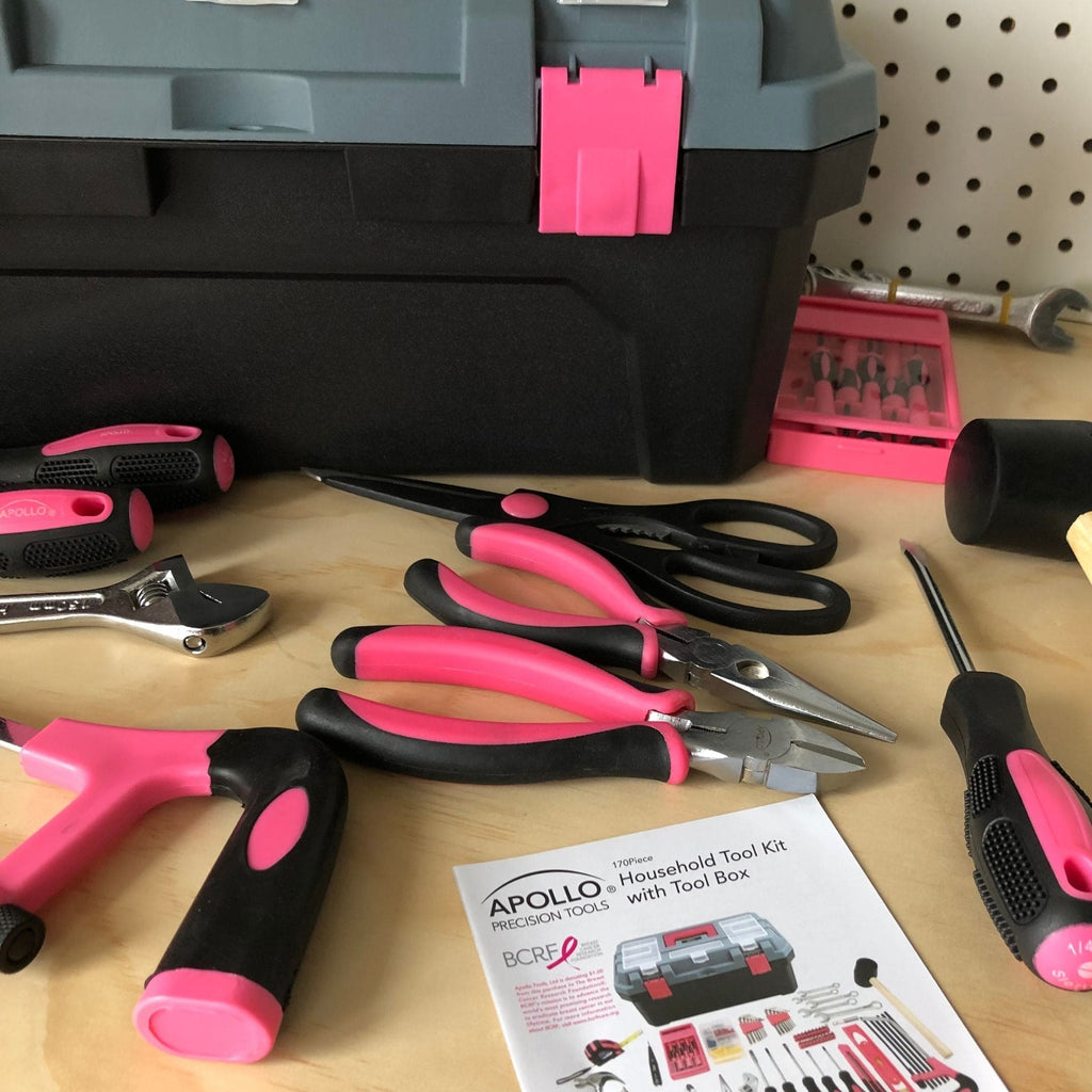Apollo Tools Pink 170 Piece Household Tool Kit with New and Improved Tool Box - DT7103P SpadezStore