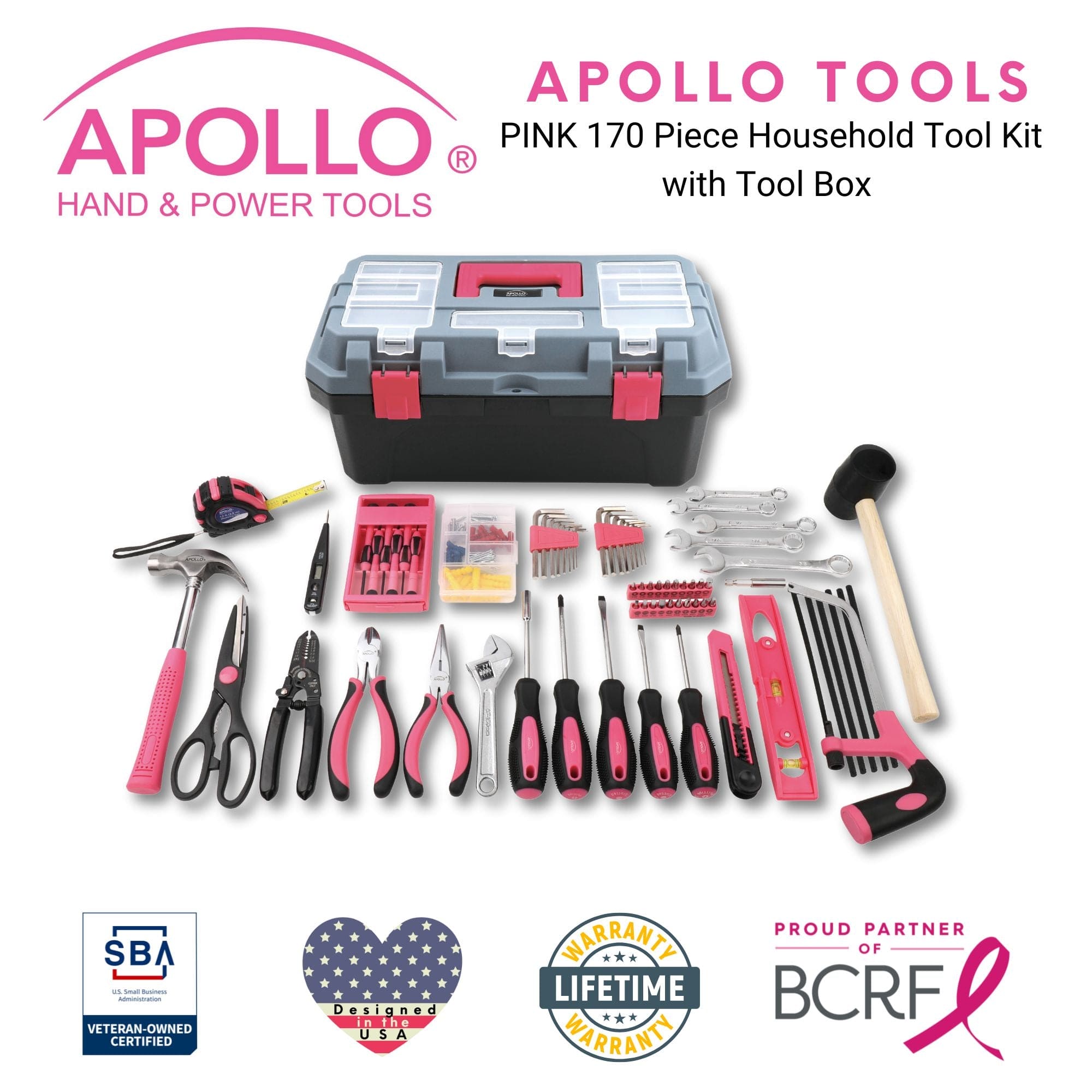 Apollo Tools Pink 170 Piece Household Tool Kit with New and Improved Tool Box - DT7103P SpadezStore