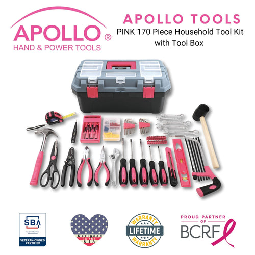 Apollo Tools Pink 170 Piece Household Tool Kit with New and Improved Tool Box - DT7103P SpadezStore