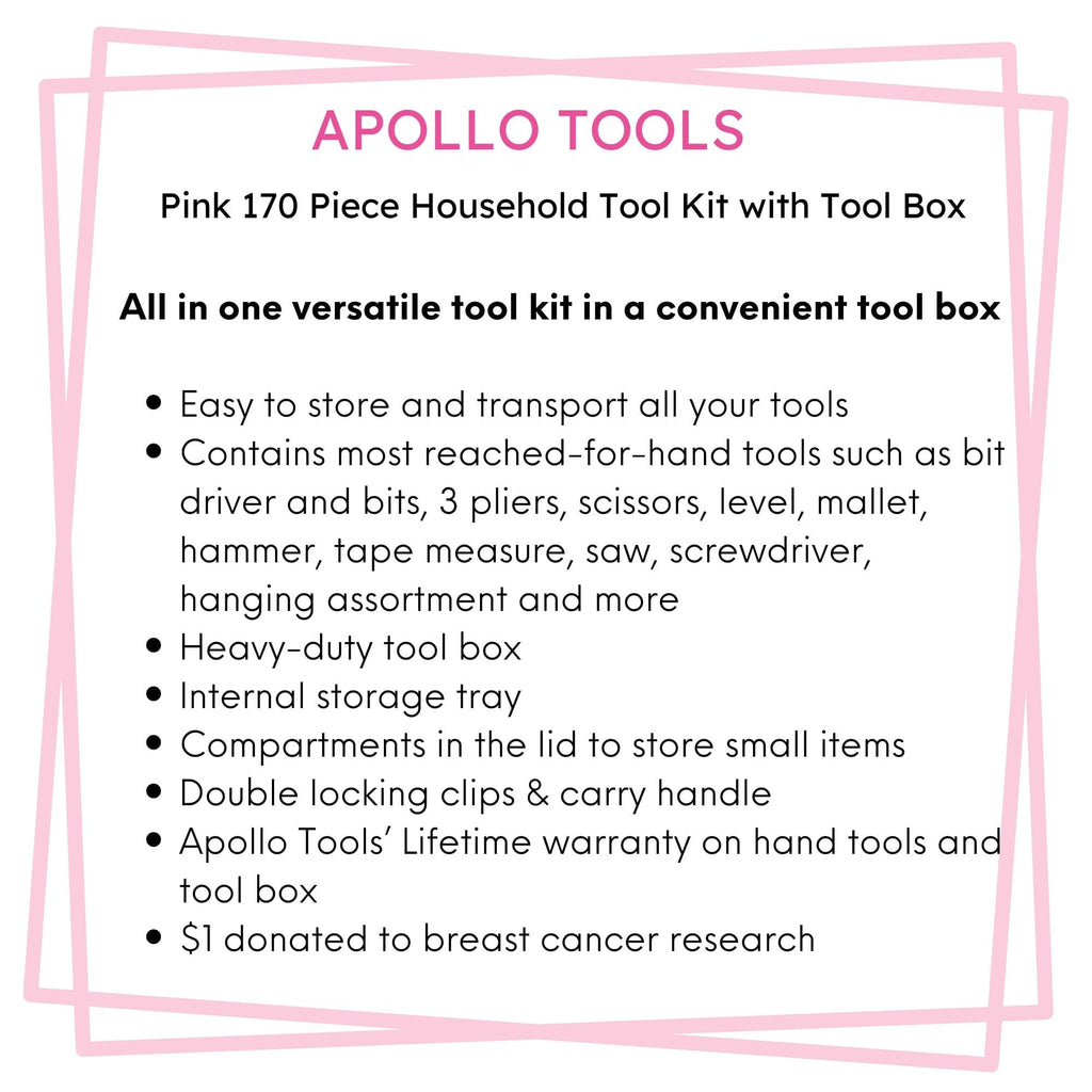 Apollo Tools Pink 170 Piece Household Tool Kit with New and Improved Tool Box - DT7103P SpadezStore