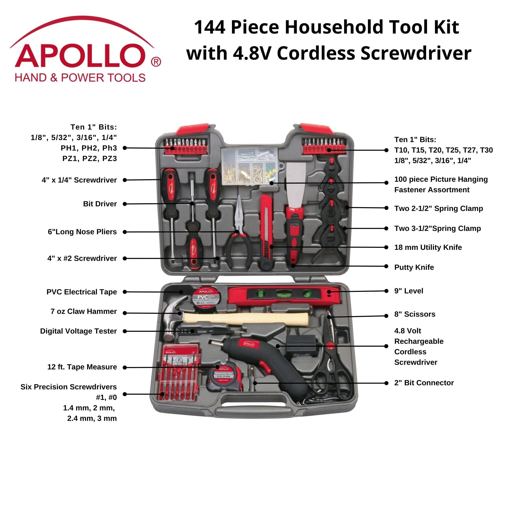 Apollo Tools 144 Piece Household Tool Kit with 4.8V Cordless Screwdriver - DT8422 SpadezStore