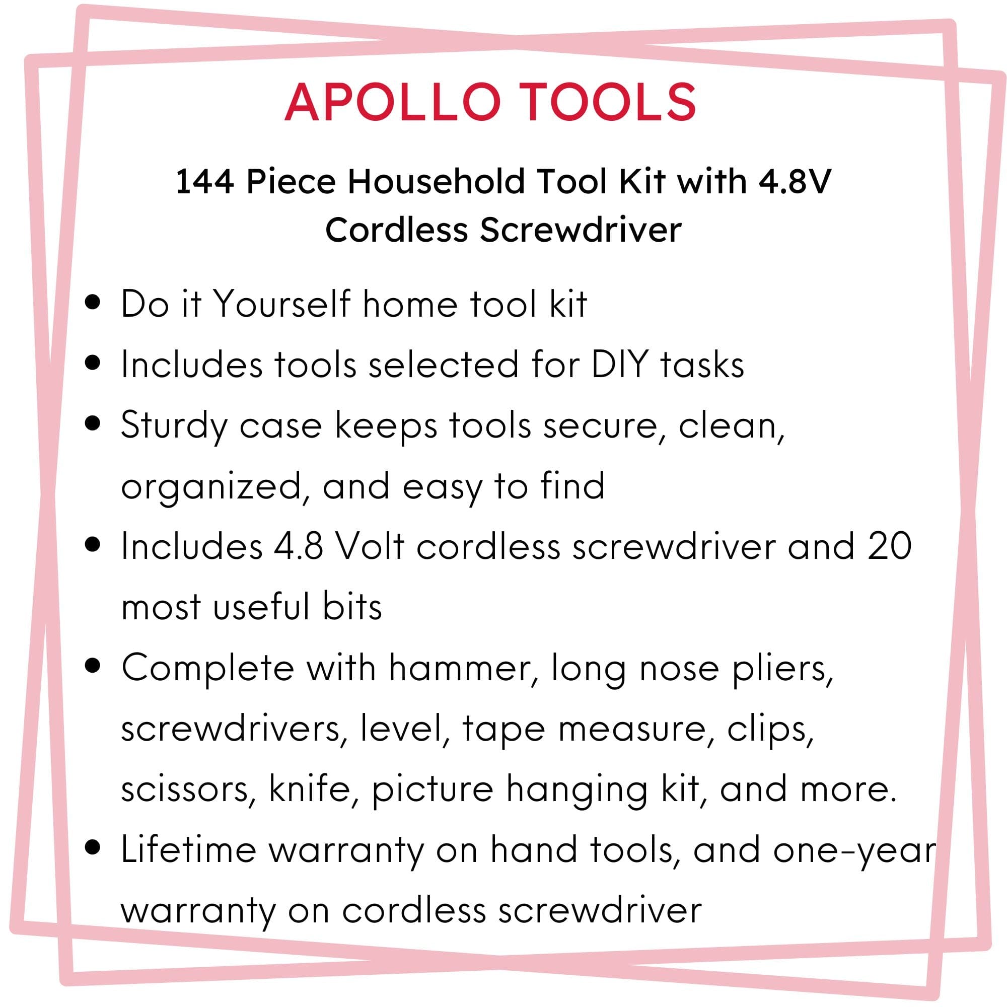 Apollo Tools 144 Piece Household Tool Kit with 4.8V Cordless Screwdriver - DT8422 SpadezStore