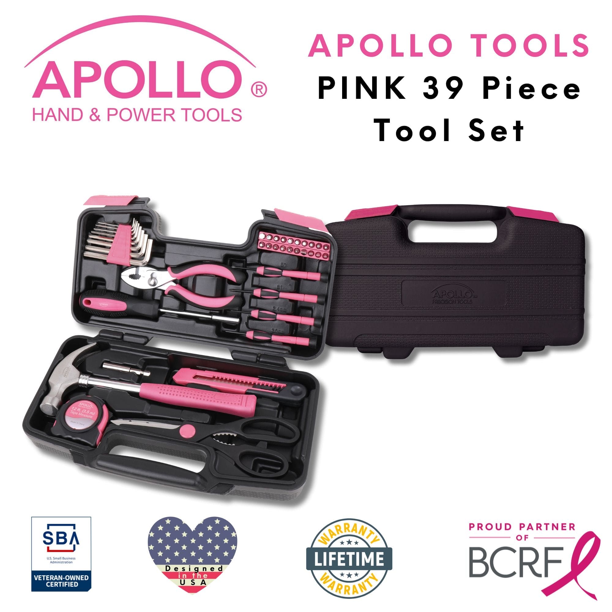 Apollo Tools 39 Piece General Tool Set Pink - DT9706P SpadezStore