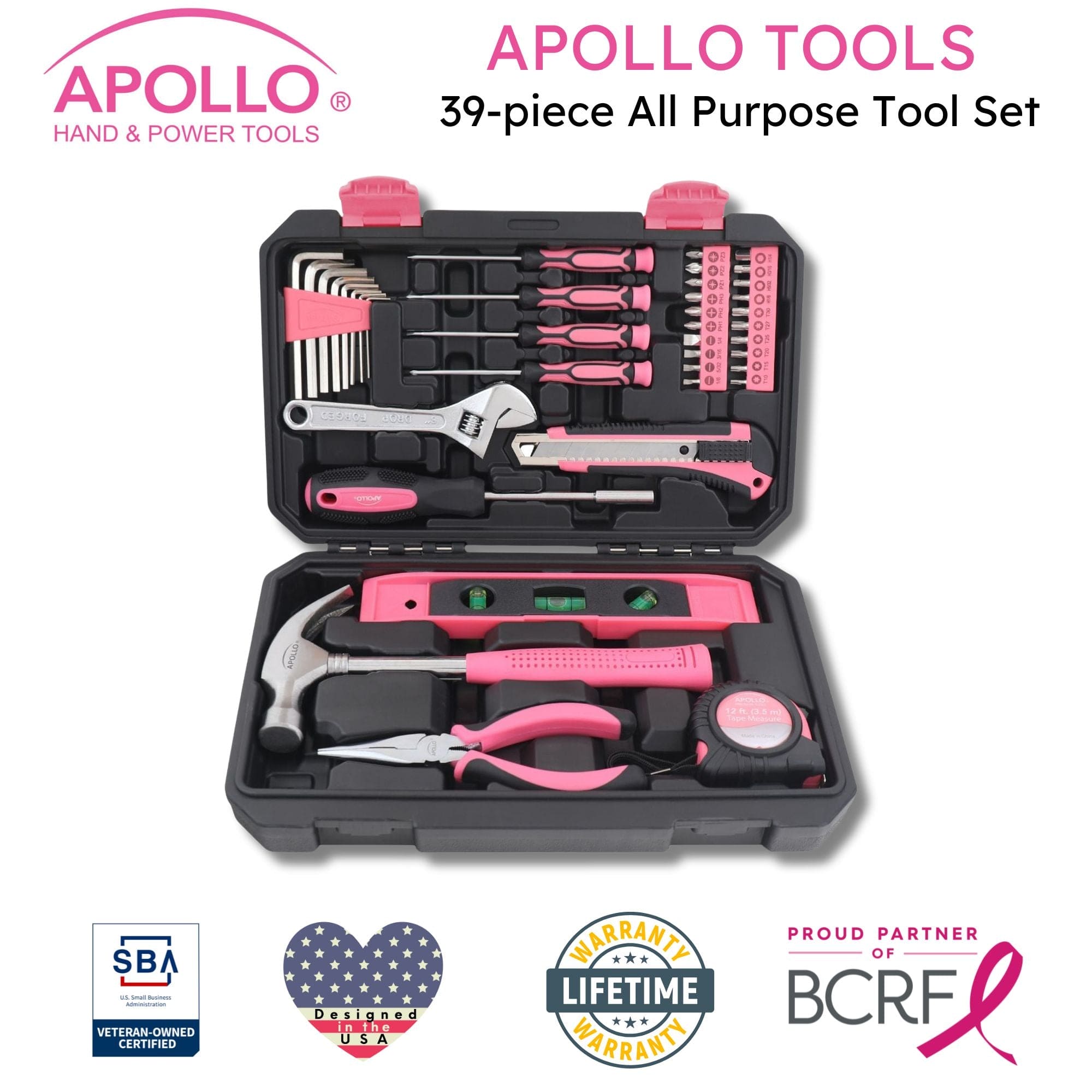 Apollo Tools New and Improved 39 Piece General Pink Tool Set in Storage Case for DIY Everyday Home Maintenance and Repairs- DT9711P SpadezStore