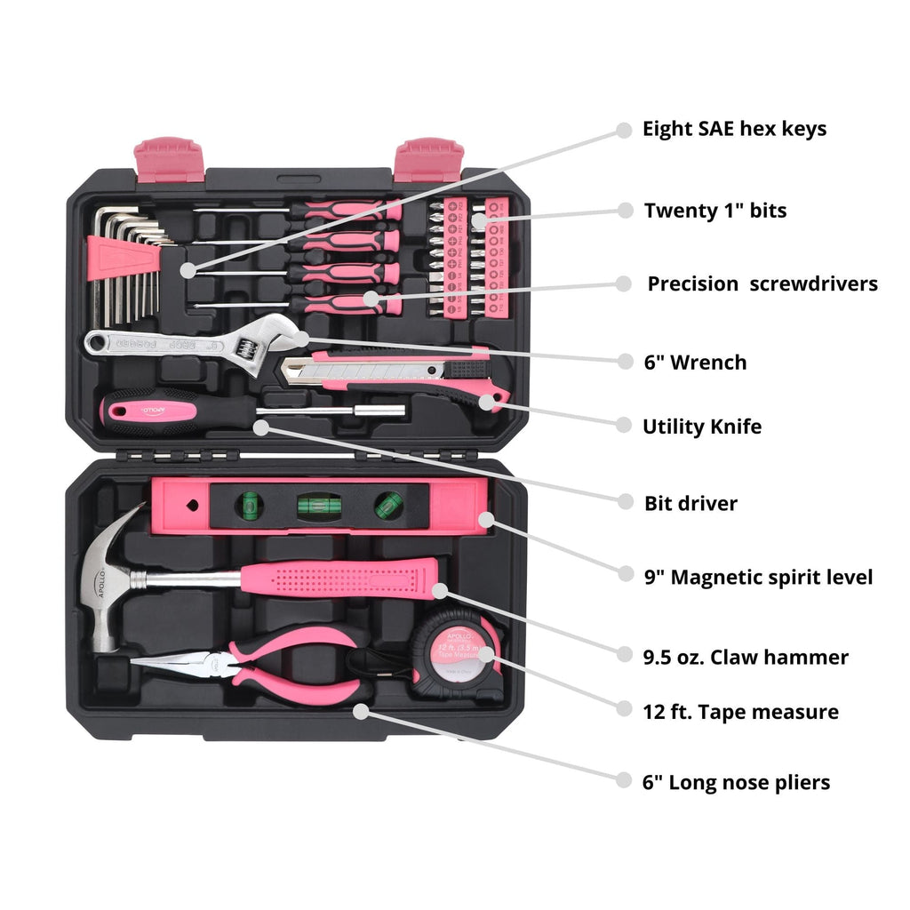 Apollo Tools New and Improved 39 Piece General Pink Tool Set in Storage Case for DIY Everyday Home Maintenance and Repairs- DT9711P SpadezStore