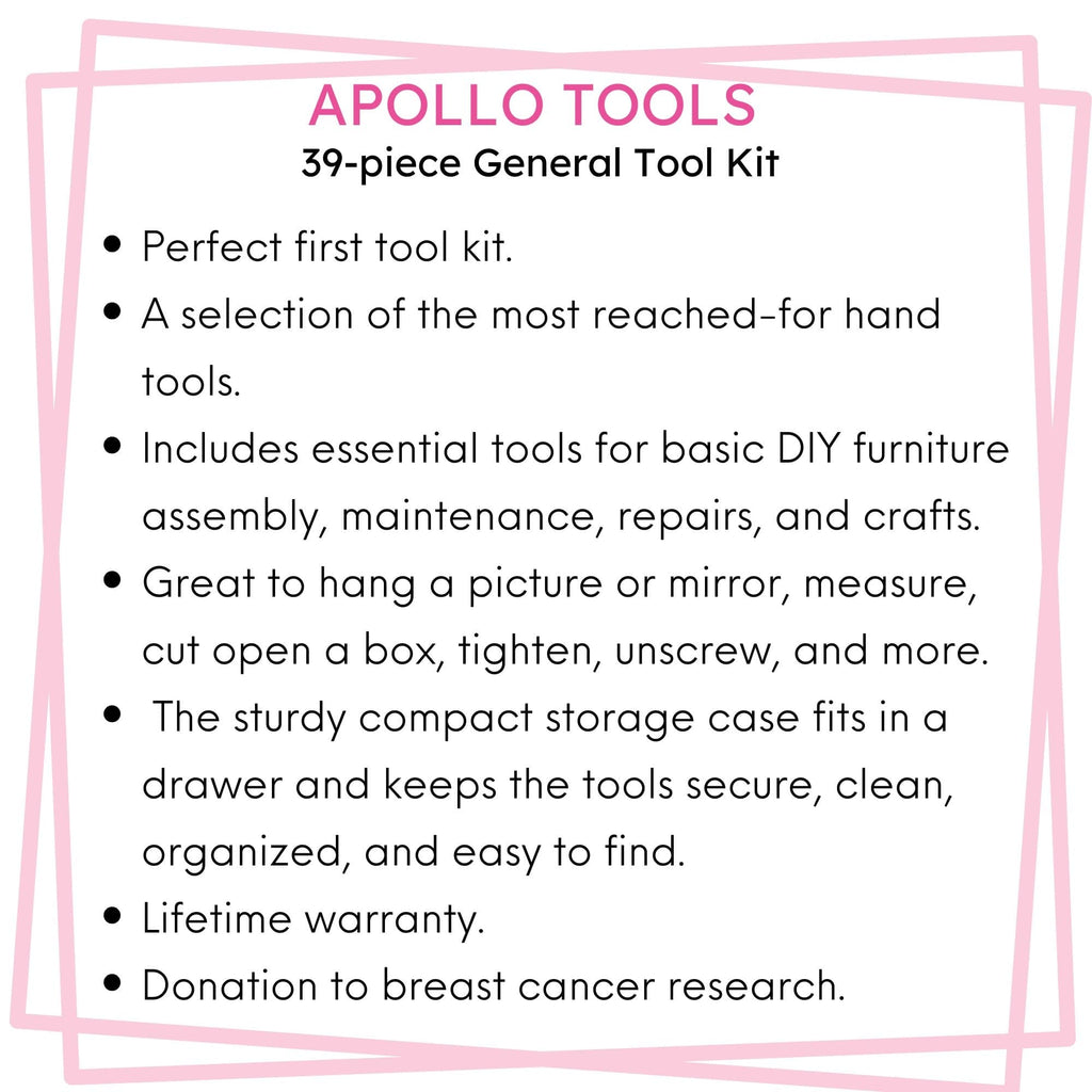 Apollo Tools New and Improved 39 Piece General Pink Tool Set in Storage Case for DIY Everyday Home Maintenance and Repairs- DT9711P SpadezStore