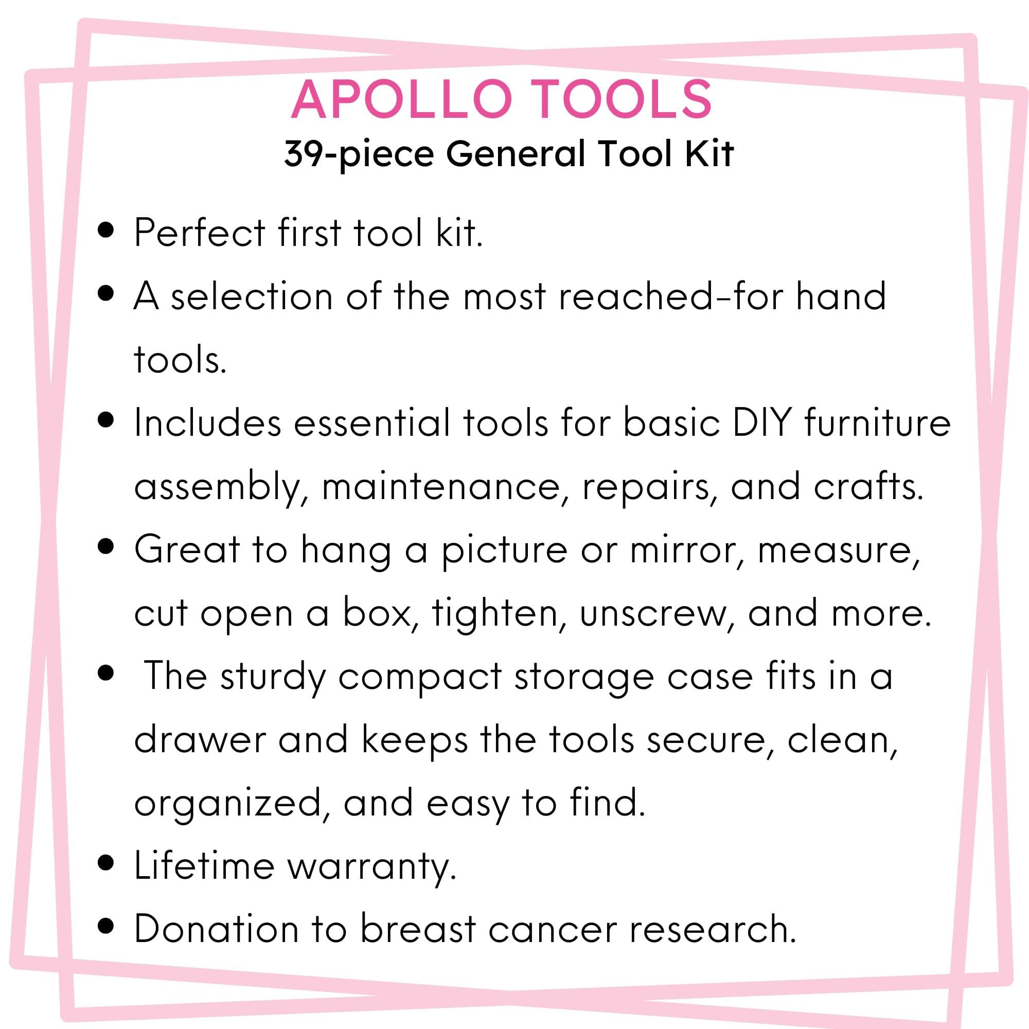 Apollo Tools New and Improved 39 Piece General Pink Tool Set in Storage Case for DIY Everyday Home Maintenance and Repairs- DT9711P SpadezStore