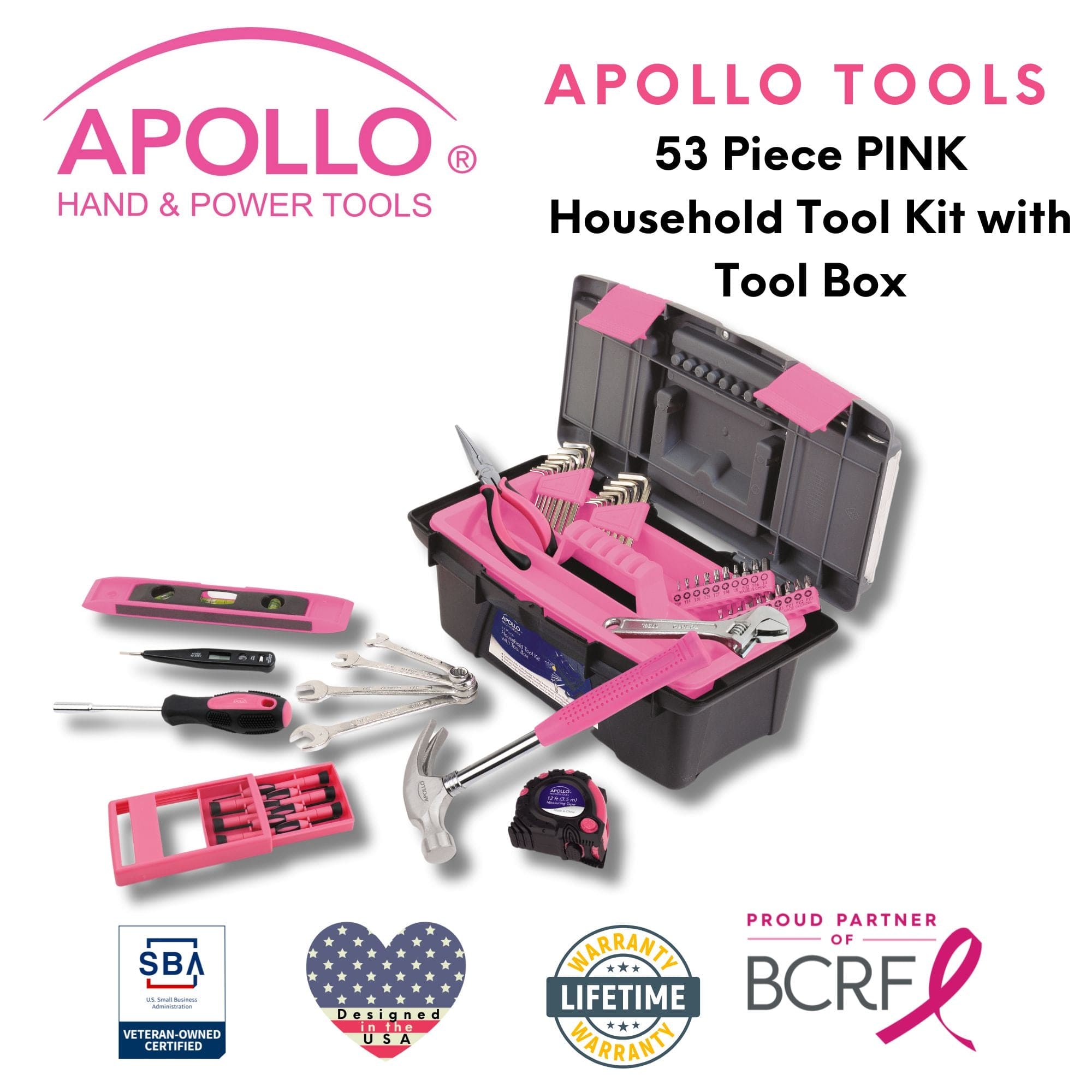 Apollo Tools 53 Piece Household Tool Kit with Tool Box Pink- DT9773P SpadezStore