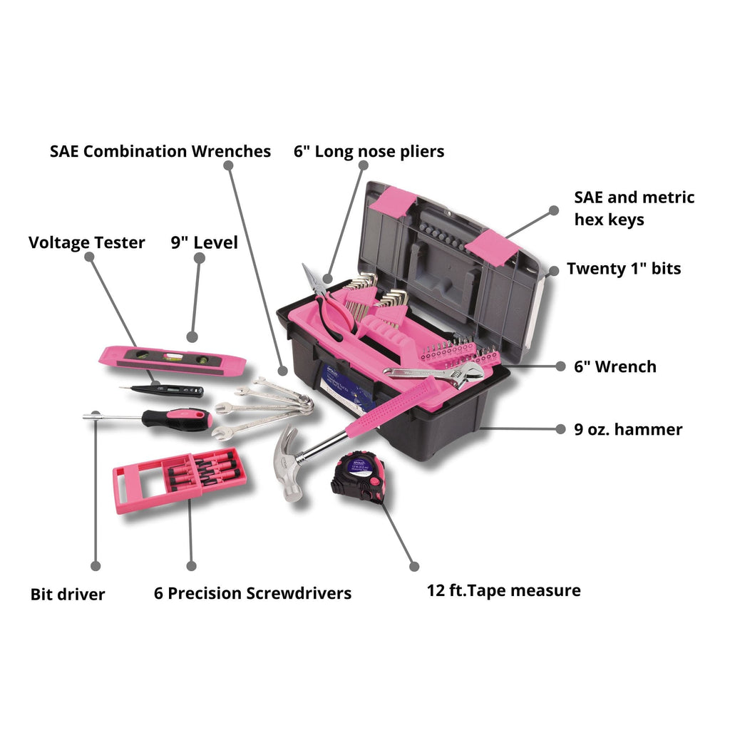 Apollo Tools 53 Piece Household Tool Kit with Tool Box Pink- DT9773P SpadezStore