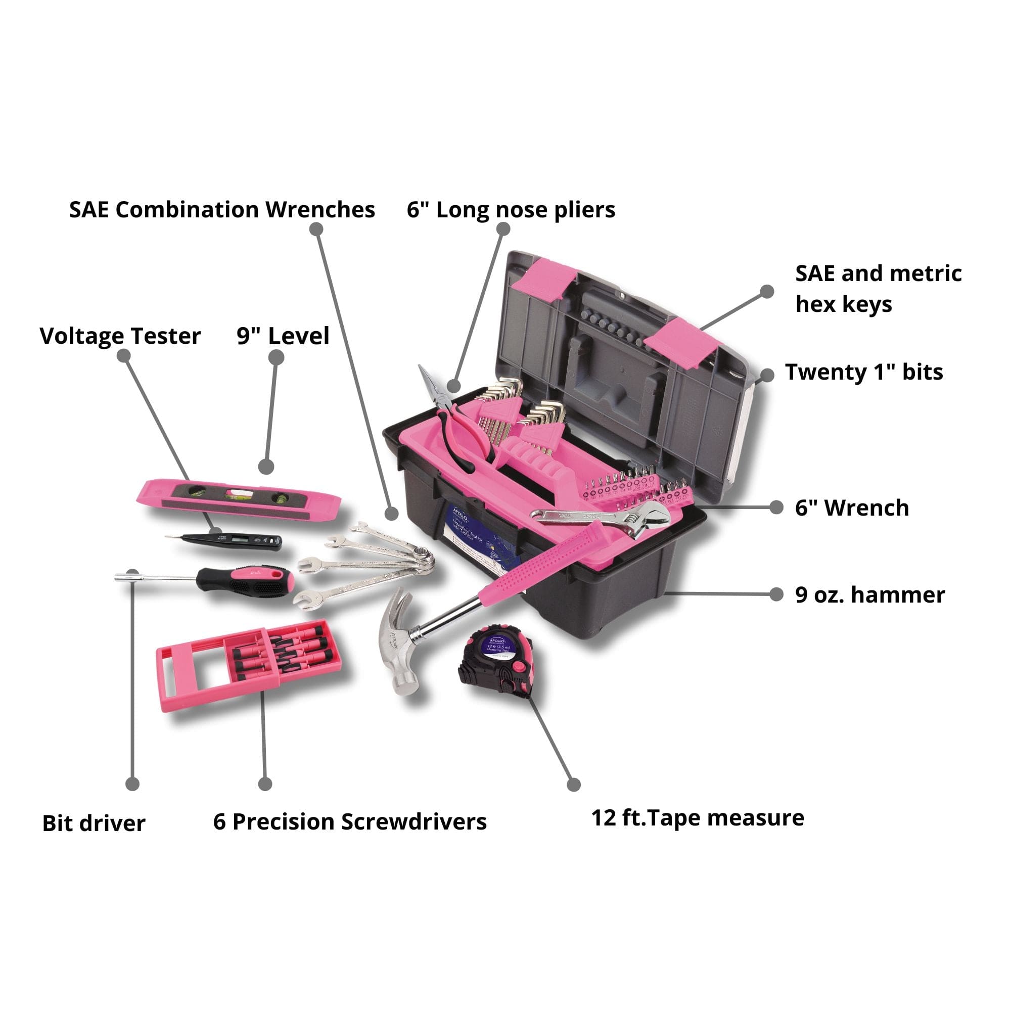 Apollo Tools 53 Piece Household Tool Kit with Tool Box Pink- DT9773P SpadezStore