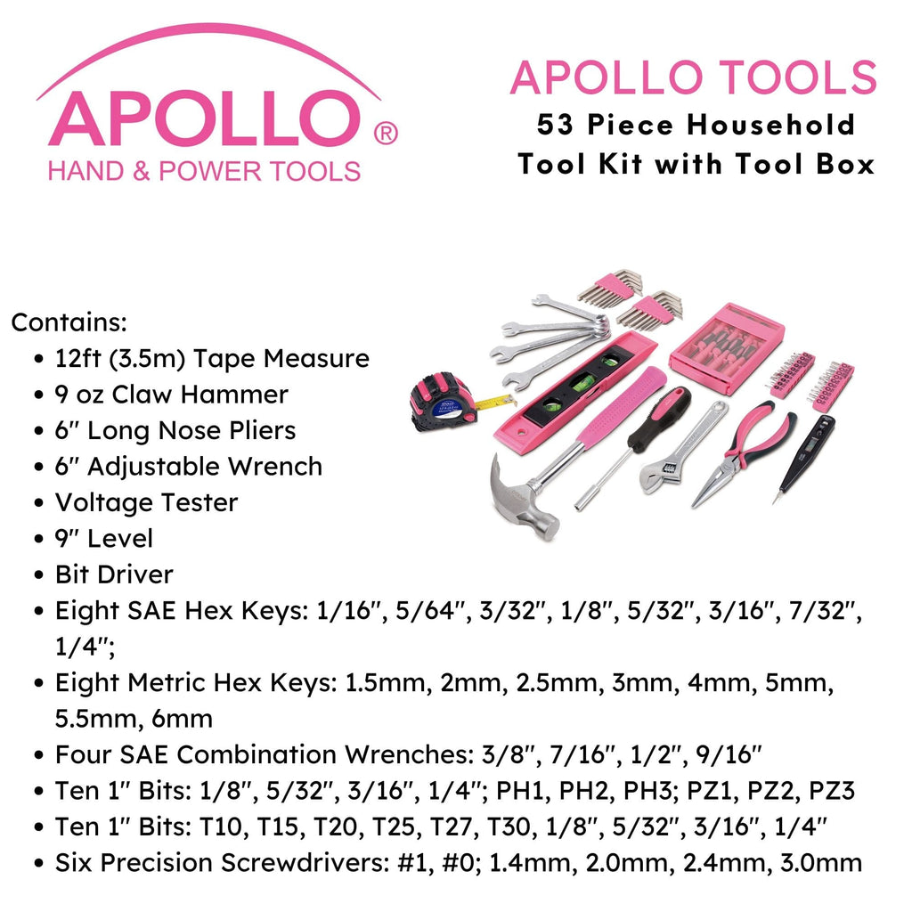 Apollo Tools 53 Piece Household Tool Kit with Tool Box Pink- DT9773P SpadezStore