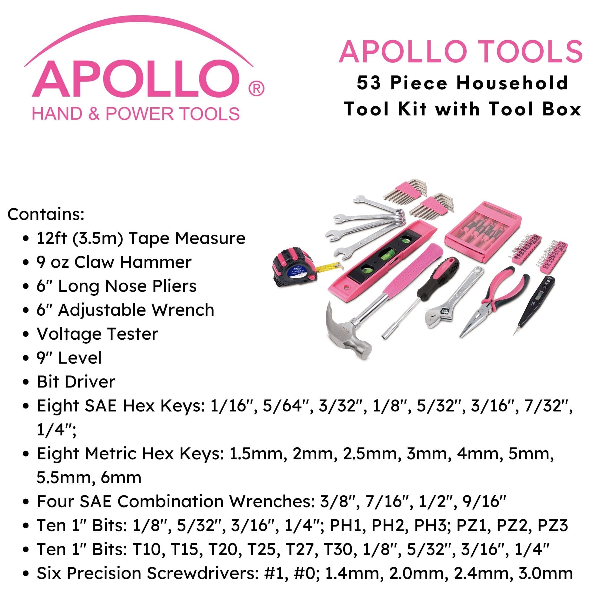 Apollo Tools 53 Piece Household Tool Kit with Tool Box Pink- DT9773P SpadezStore