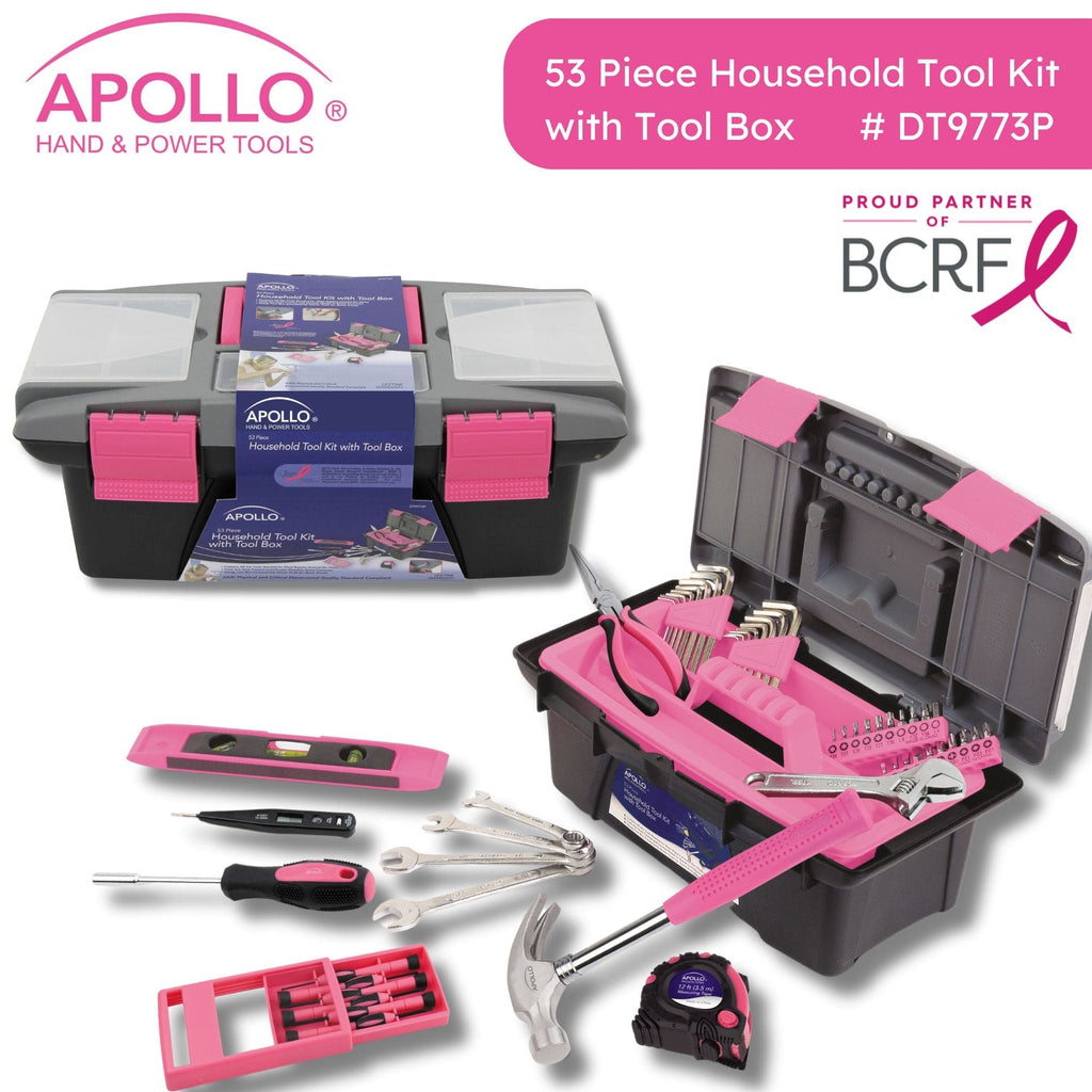 Apollo Tools 53 Piece Household Tool Kit with Tool Box Pink- DT9773P SpadezStore