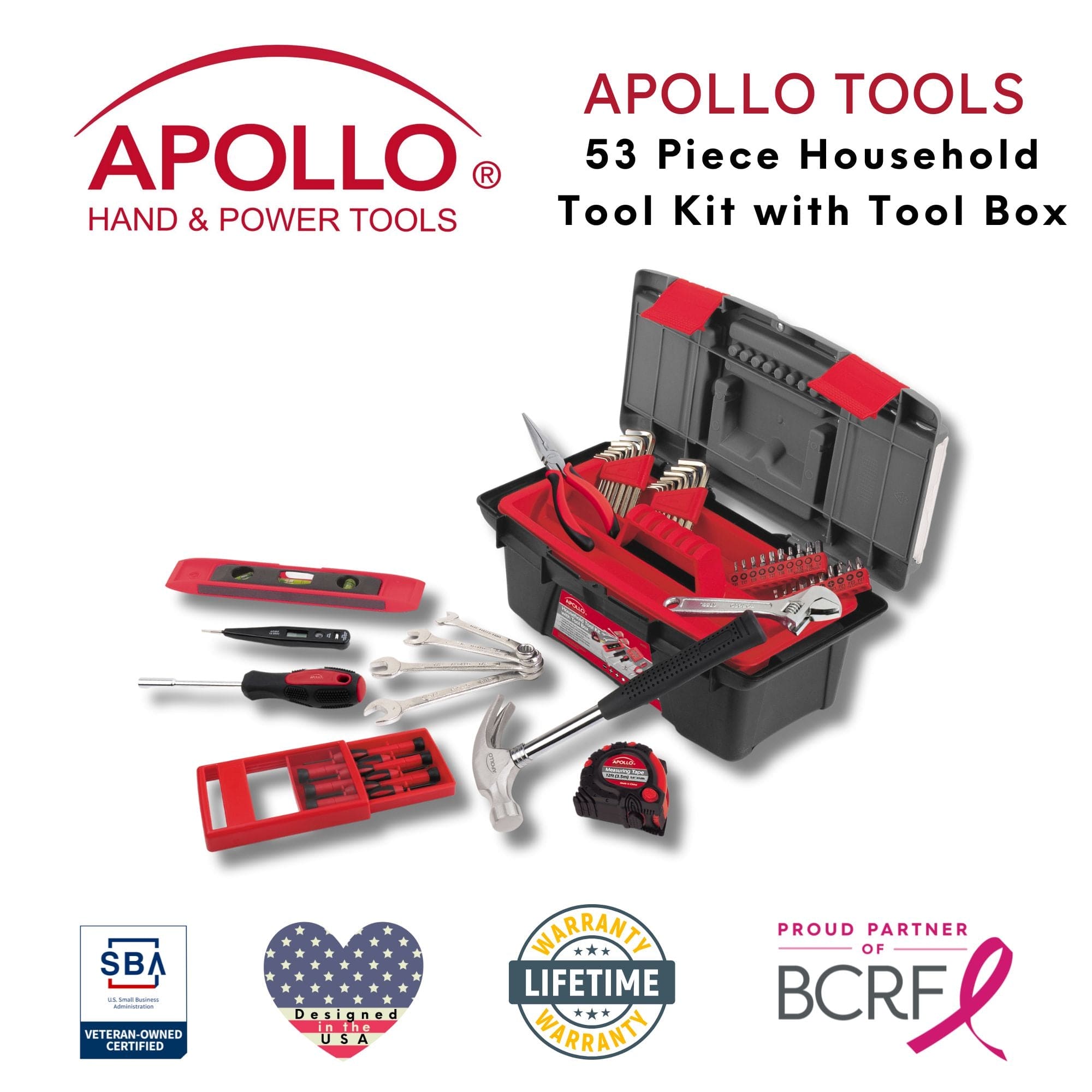 Apollo Tools 53 Piece Household Tool Kit with Tool Box - DT9773 SpadezStore