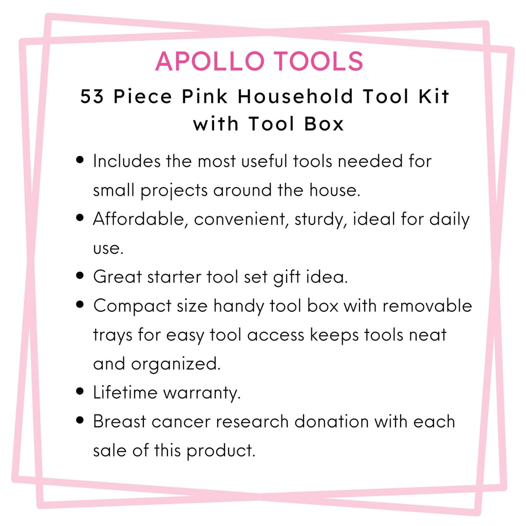 Apollo Tools 53 Piece Household Tool Kit with Tool Box Pink- DT9773P SpadezStore
