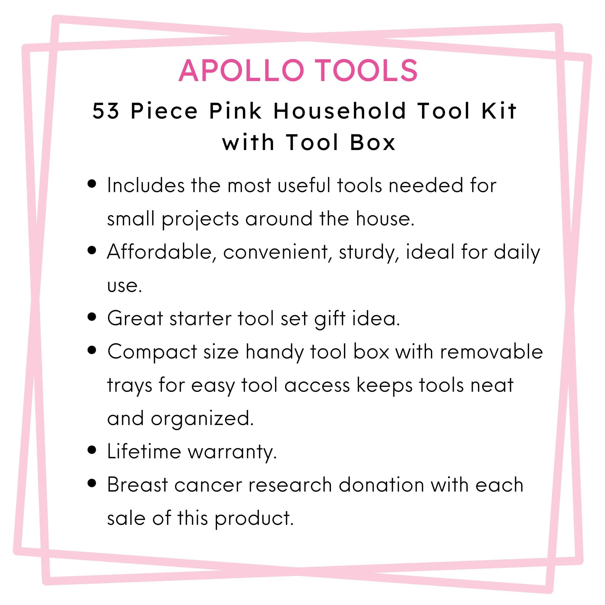 Apollo Tools 53 Piece Household Tool Kit with Tool Box Pink- DT9773P SpadezStore