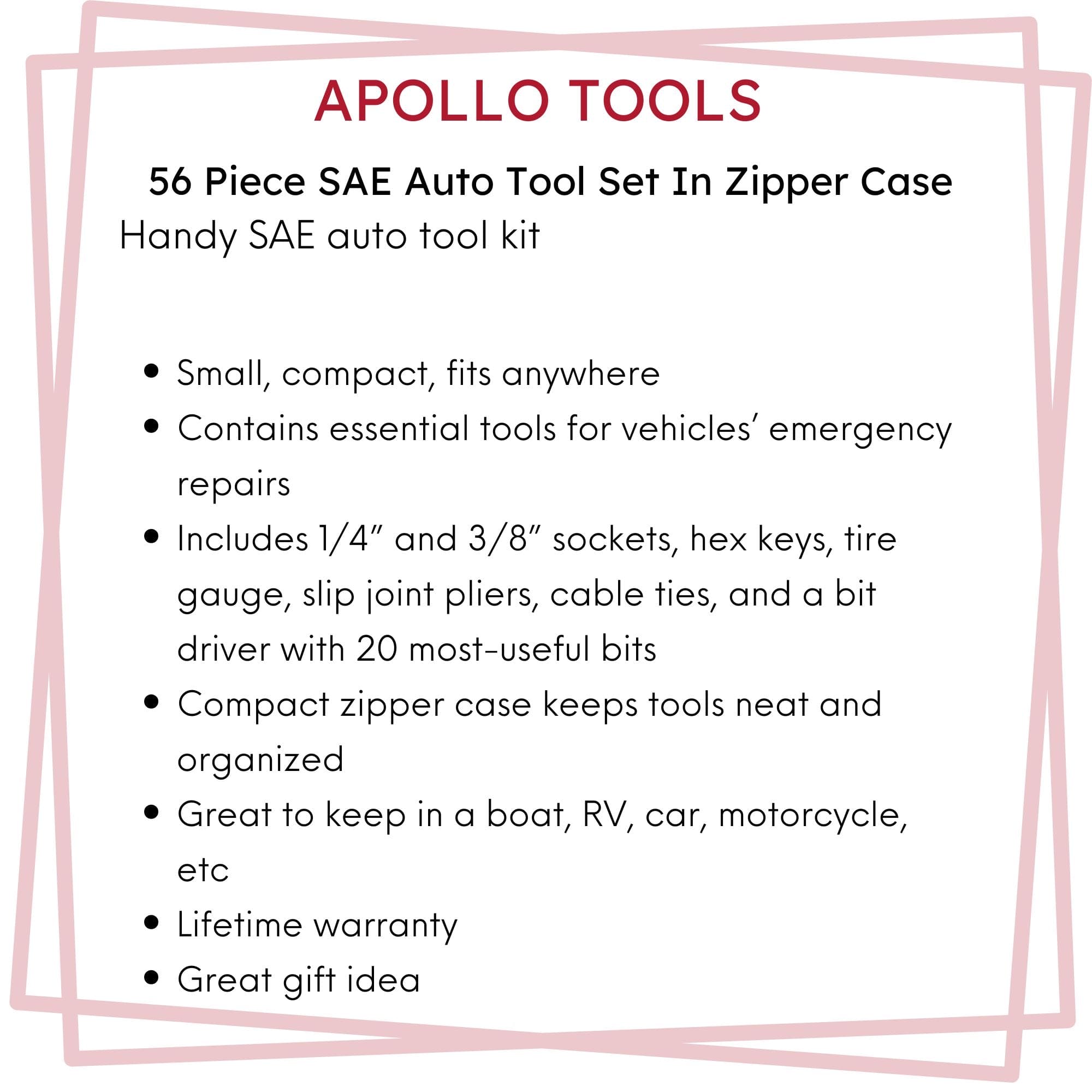 Apollo Tools 56 Piece SAE Auto Tool Set In Zipper Case - DT9774 SpadezStore