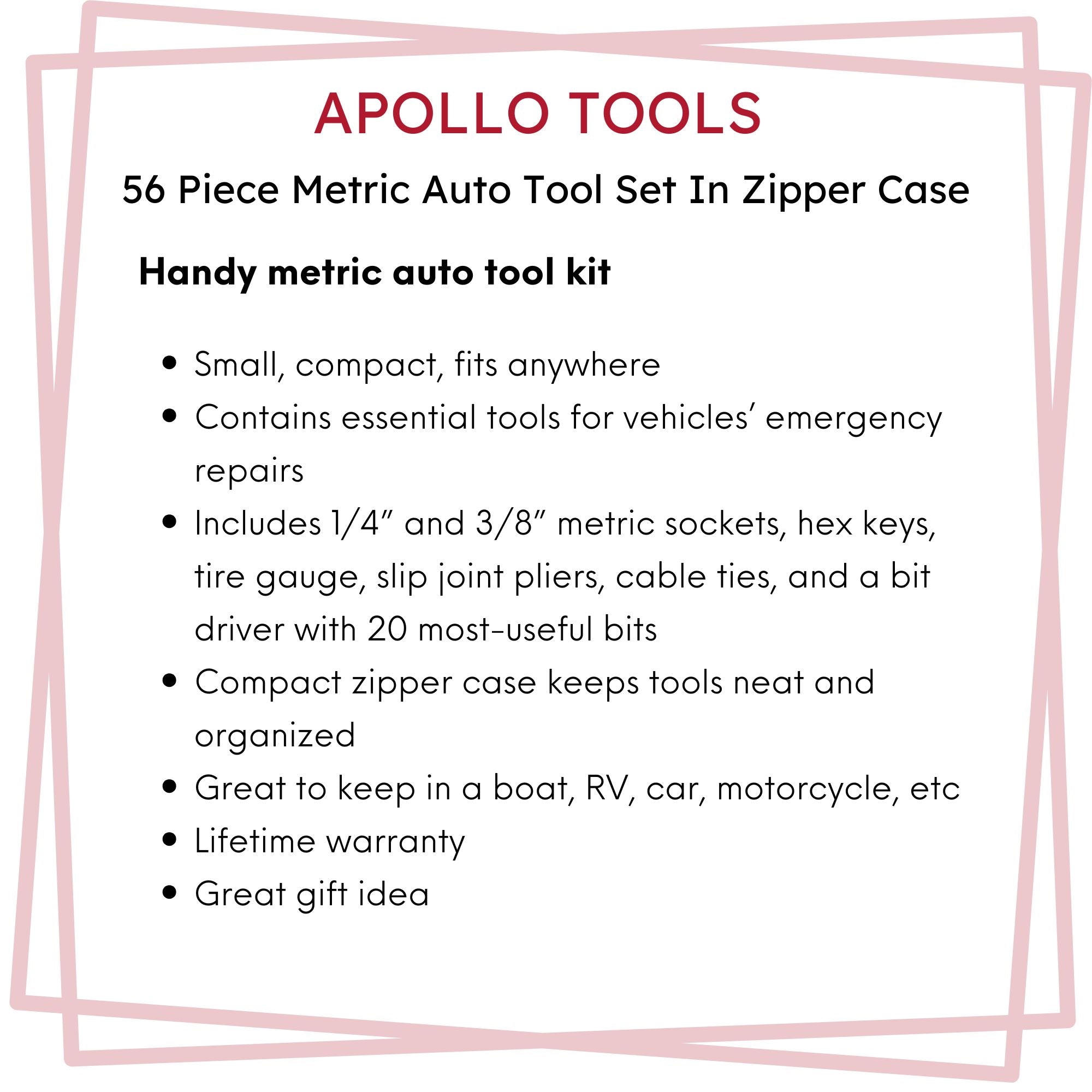 Apollo Tools 56 Piece Metric Auto Tool Set In Zipper Case - DT9775 SpadezStore