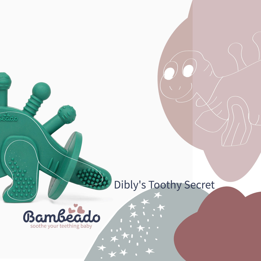 Bambeado Dibly - Green - Baltic Amber & Natural Rubber Dinosaur Teether with Toothbrush Tail