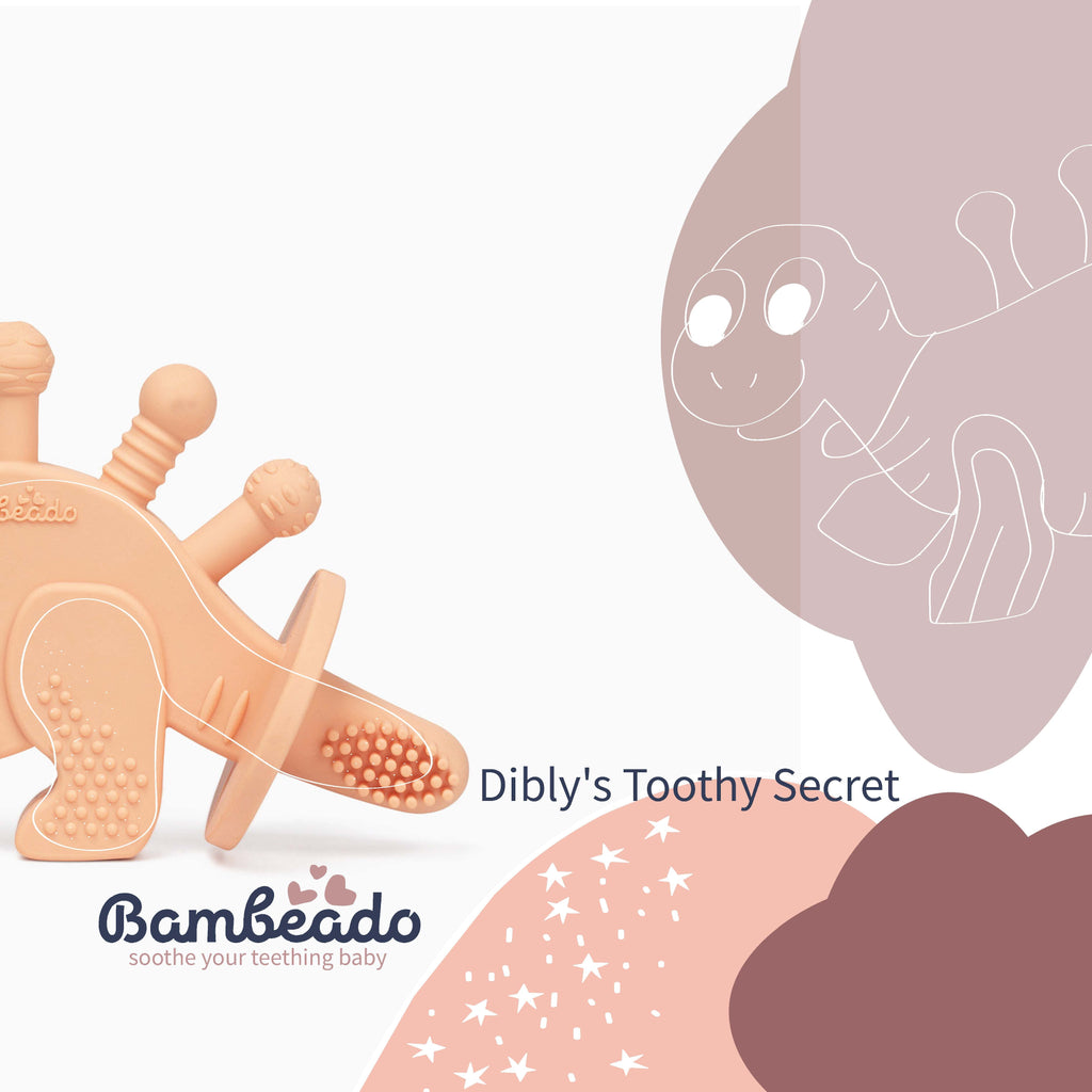 Bambeado Dibly - Pink - Baltic Amber & Natural Rubber Dinosaur Teether with Toothbrush Tail