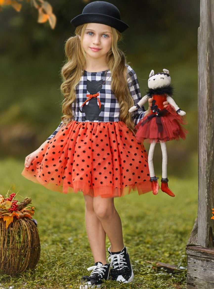 Mia Belle Girls Bewitching Kitten Plaid and Polka Dot Tutu Dress SpadezStore