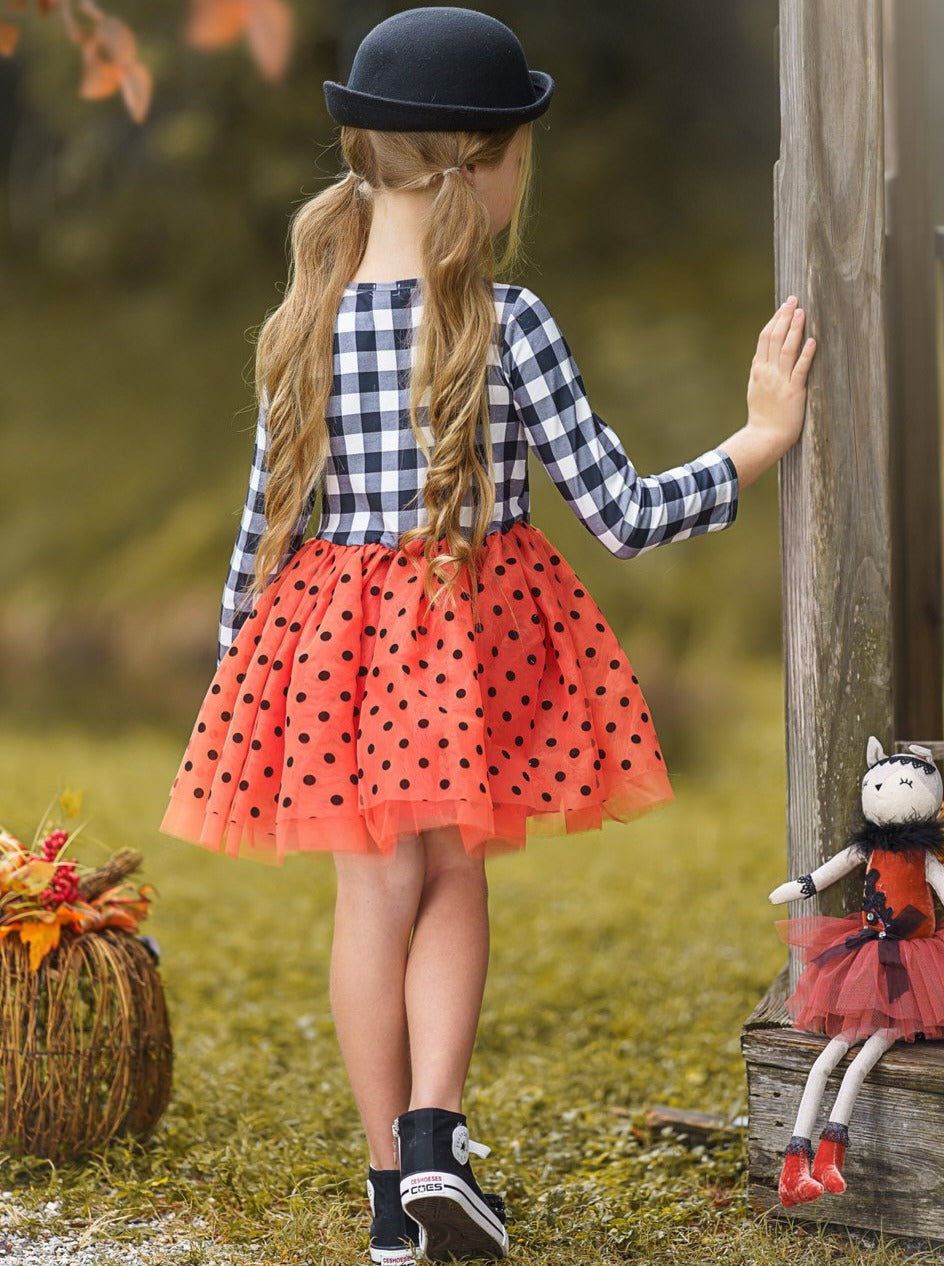Mia Belle Girls Bewitching Kitten Plaid and Polka Dot Tutu Dress SpadezStore