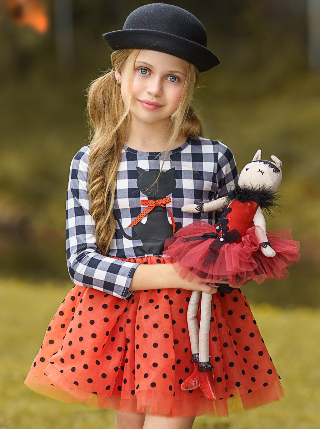 Mia Belle Girls Bewitching Kitten Plaid and Polka Dot Tutu Dress SpadezStore